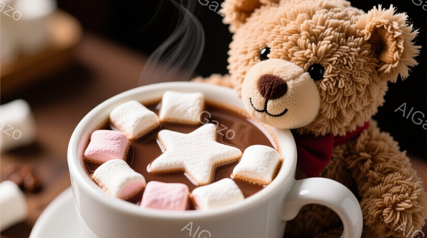 温かいココアのマグカップから立ち上る湯気と、その縁に寄り添うふわふわのテディベアが印象的な写真です。テディベアは赤いリボンを首に巻き、穏やかな表情でココアを見つめています。背景は暗く、ココアの暖かさとテディベアの可愛らしさが際立ち、ほっこりとした雰囲気を醸し出しています。