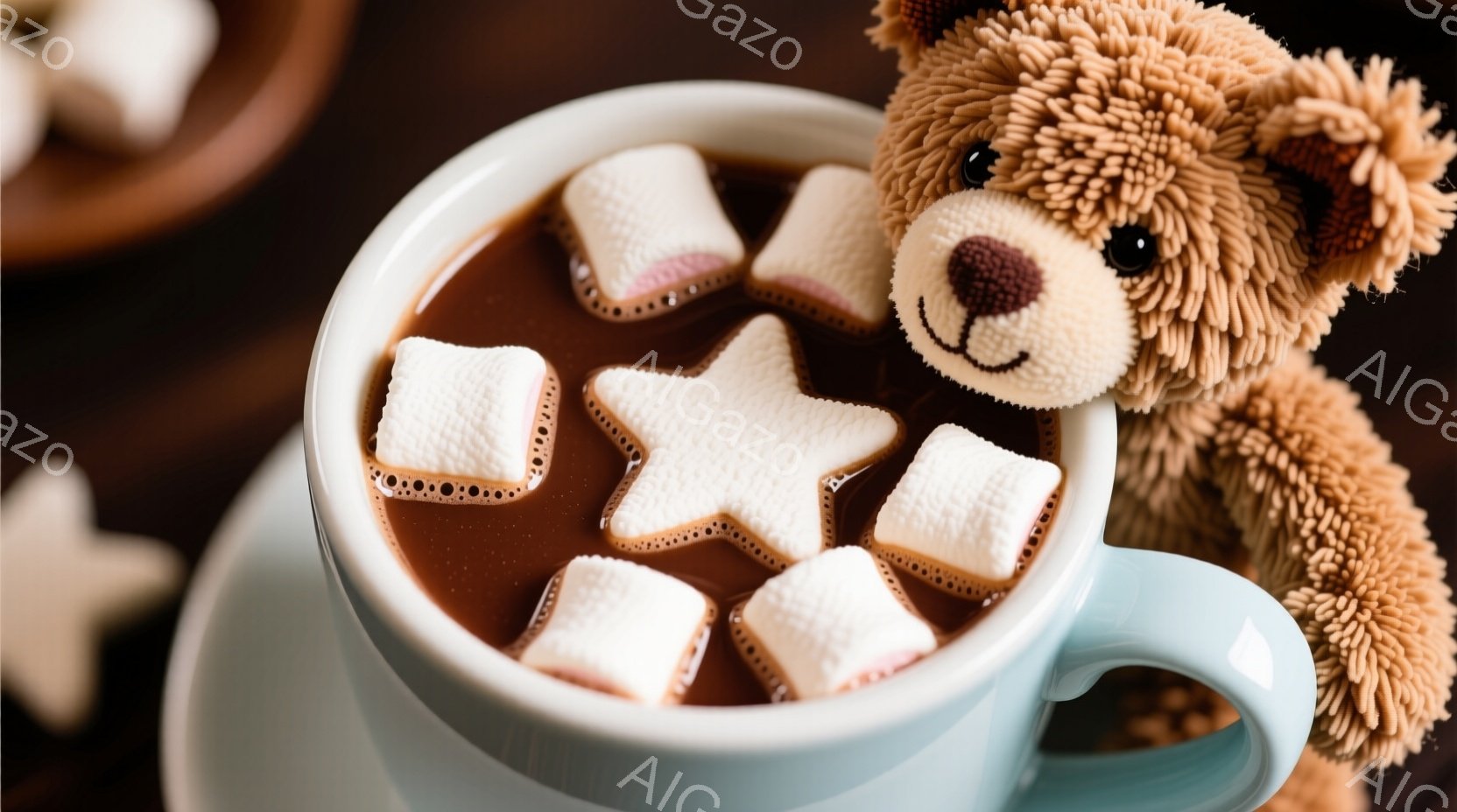 温かいココアの入った水色のカップから、マシュマロが浮かんでいます。カップの縁には、ふわふわのテディベアが寄り添い、その愛らしい表情が目を引きます。背景は暗い色調で、ココアとテディベアがより一層際立っています。