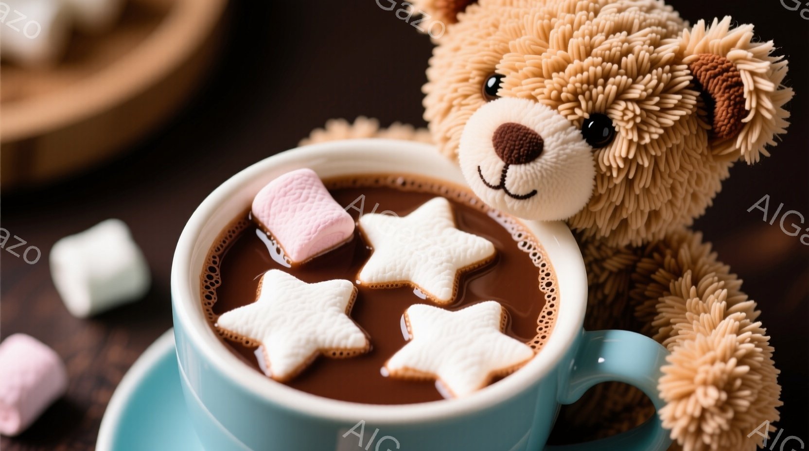 温かいココアのカップに、可愛らしいテディベアが寄り添っています。ココアには星型のクッキーとマシュマロが浮かべられ、背景にはさらにマシュマロが散りばめられています。暖かく、甘くて、居心地の良い雰囲気が漂う、冬にぴったりの写真です。