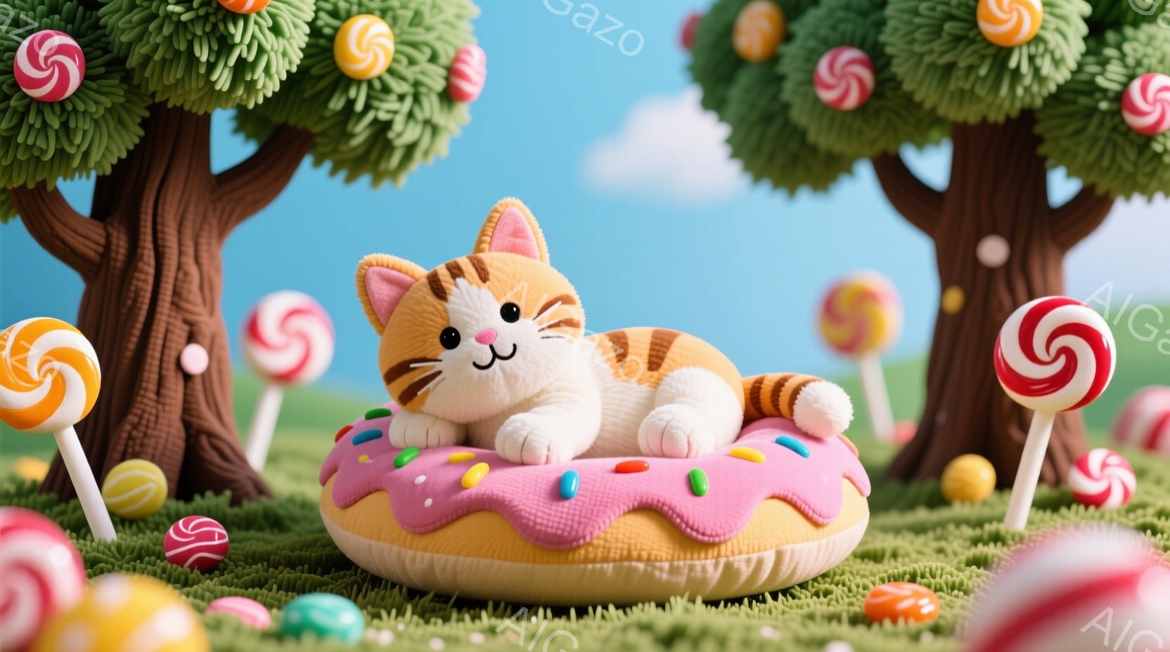 明るい緑の芝生の上に、ピンク色のアイシングとカラフルなスプリンクルが飾られた大きなドーナツ型の枕の上に、オレンジと白の縞模様の猫が横たわっています。猫は目を細め、リラックスした表情を浮かべています。背景には、キャンディが実った木々が並び、晴れた空の下、甘くて夢のような雰囲気が漂っています。