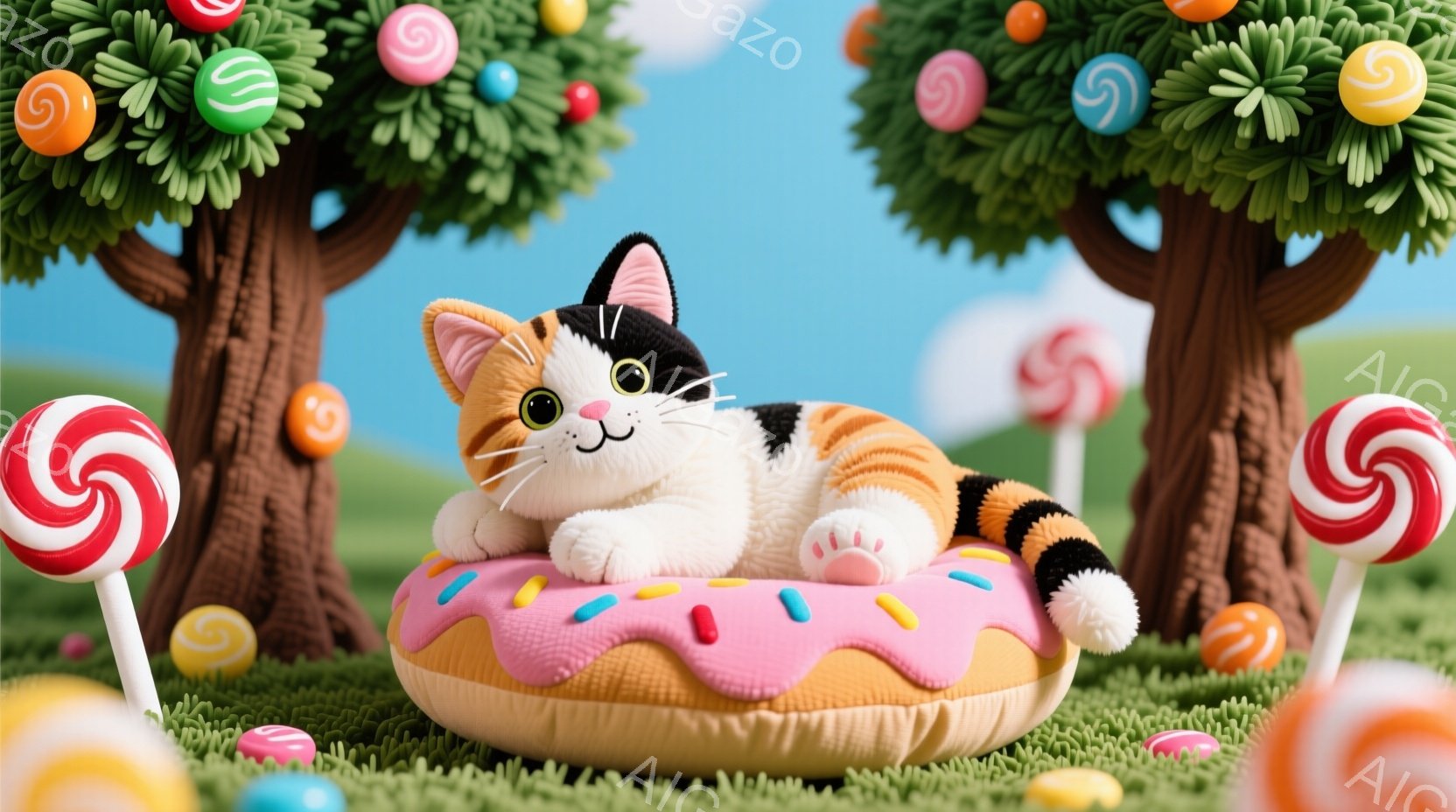 宜和そうなデザインを持つファンタジー風のスイーツの世界を表す。中心には猫が座っており、その猫は柔らかい体型で、耳や髭といったカトリーネコの特徴を持っている。猫は寝そうな表情で、手の指が踏んだりするのではなく、宜和そうな態度で逆立ちしている。周囲には色鮮やかなスイーツが紛れ合った森のような場所があり、そこにはスウィーティやサッカーボール、蜂蜜といったデザインを持つスイーツが散らばっている。全体的に優しく甘い雰囲気が漂っており、このような世界はどんな子供たちにも喜んでもらえると思われる。