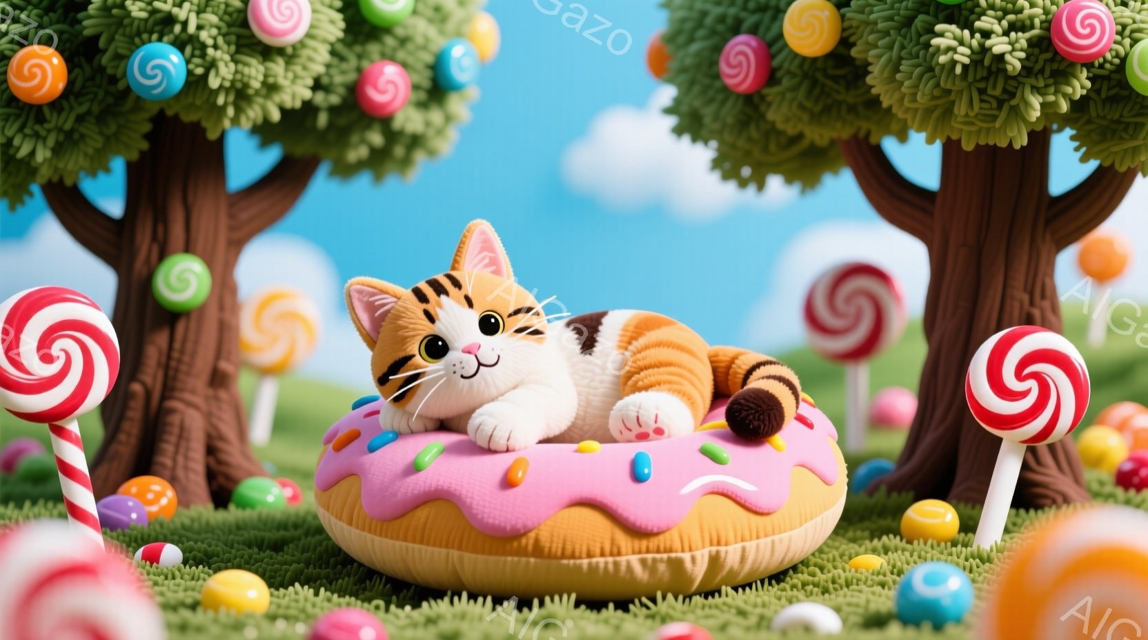 縞模様の猫がドーナツ型の浮き輪に乗ってリラックスした様子が描かれています。背景にはカラフルな棒付きキャンディーや緑の芝生、そしてお菓子で覆われた木々が広がっており、明るく楽しい雰囲気が漂っています。空は晴れ、全体的に夢のような、遊び心のある世界観が表現されています。