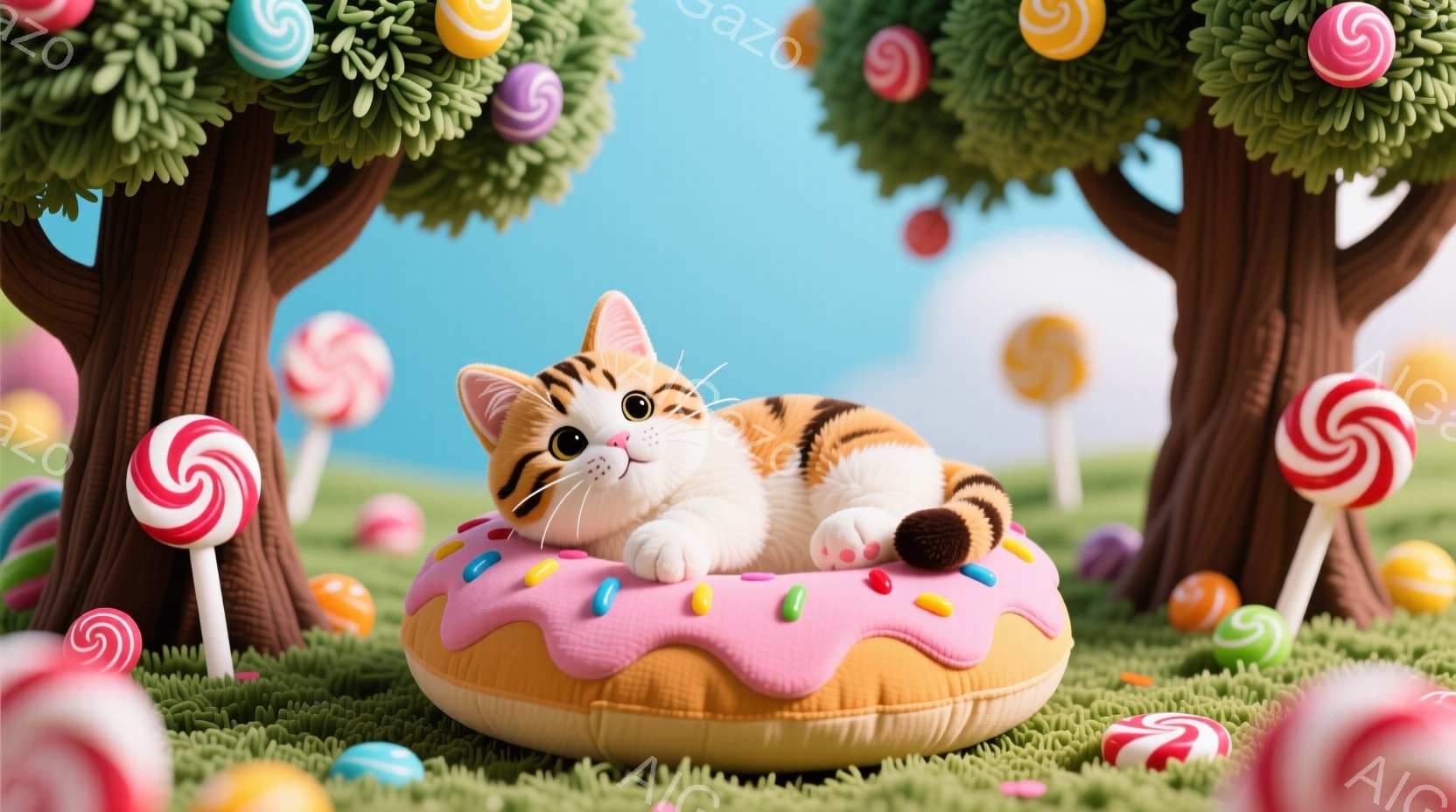 茶色の縞模様の猫がピンク色のアイシングとカラフルなスプリンクルがトッピングされたドーナツの上に横たわっています。背景にはキャンディが実った木々が生い茂り、緑の草の上にカラフルなキャンディが散らばっています。全体的に、夢のように甘くて楽しい雰囲気が漂っています。