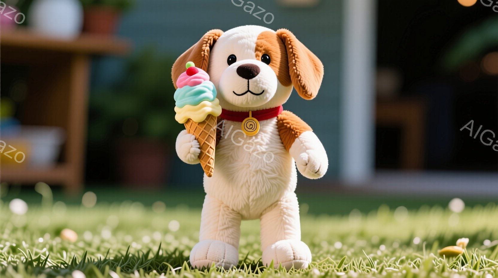 白を基調とした毛並みの犬のぬいぐるみは、片手にピンク、緑、青のソフトクリームコーンを持っています。赤い首輪には金のタグが付いており、楽しそうな表情で正面を向いています。背景は緑豊かな芝生で、ぼやけた庭と建物の一部が見え、晴れた日の穏やかな雰囲気が漂っています。