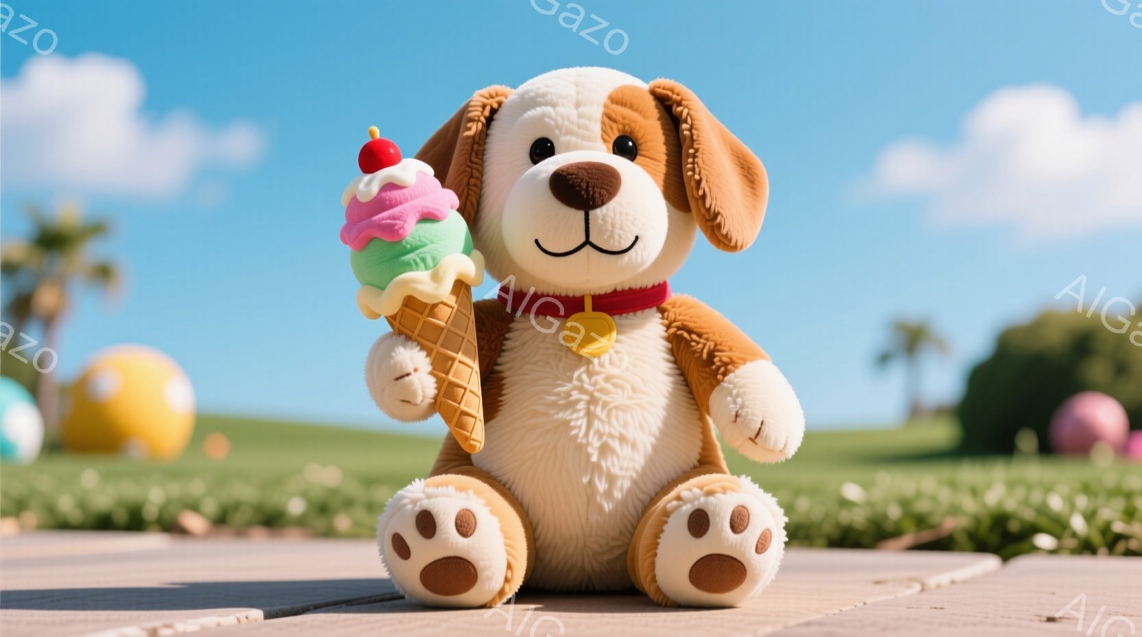 これは、芝生と遠くの木々を背景にした、かわいらしい犬のぬいぐるみです。ぬいぐるみは茶色と白の毛並みで、赤い首輪をつけており、片手にソフトクリームを持っています。全体的に明るく、ほのぼのとした雰囲気で、 - AI生成フリー素材