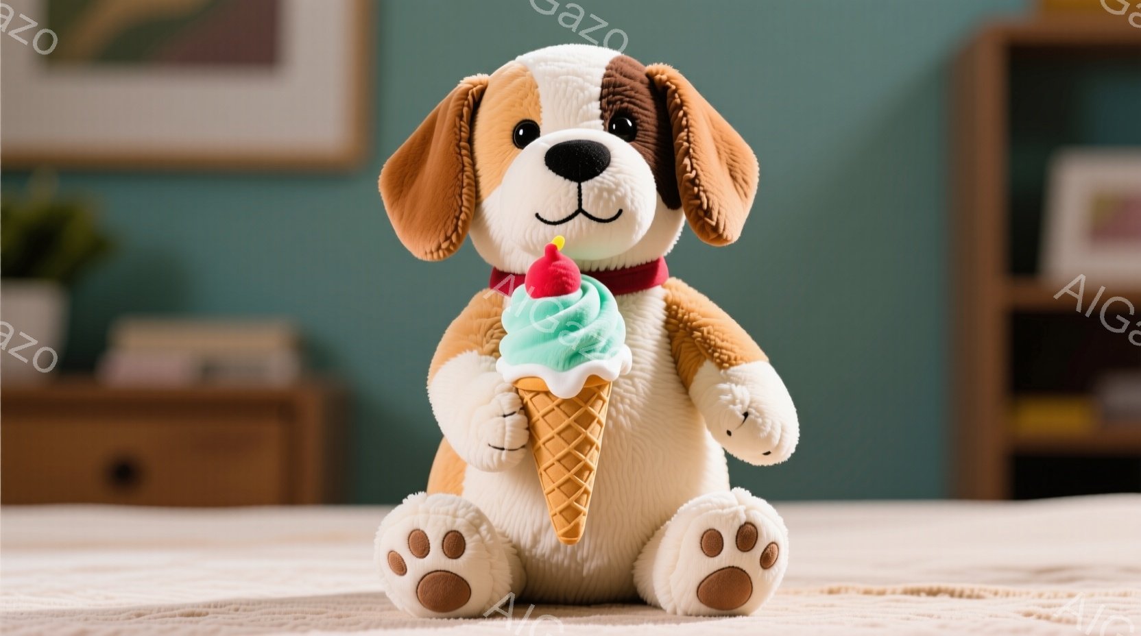 ふわふわのクリーム色の犬のぬいぐるみは、片手に緑色のソフトクリームを持っています。茶色と白の毛並みで、赤い首輪をつけており、優しい表情をしています。背景には木製の棚と家具があり、室内でリラックスした雰囲気が漂っています。