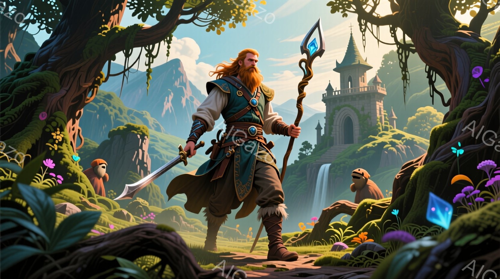 赤毛で髭を生やした男性が、剣と奇妙な青い結晶が付いた杖を持って森の中を歩いている。彼は茶色のズボンと緑のベスト、白いシャツを着ており、手首には装飾が施されている。背景には滝と塔が見え、鮮やかな花やキノ - AI生成フリー素材