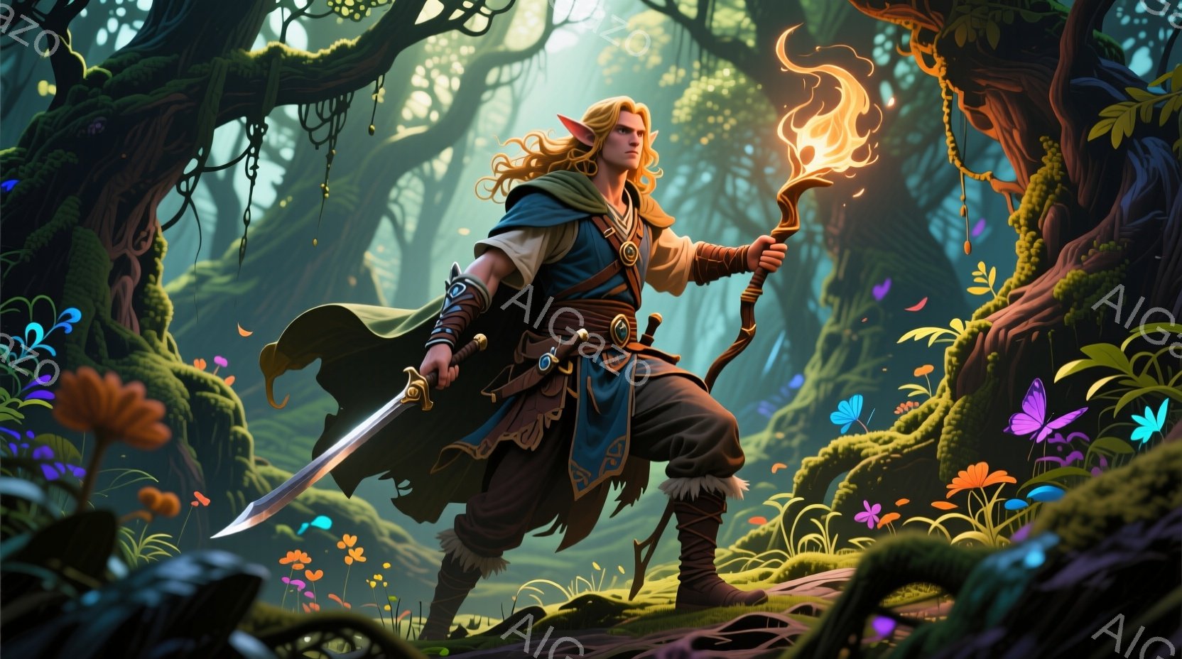 金髪で巻き毛の男性が、緑と茶色の衣装を身に着け、腰には剣を携え、片手に炎を灯した杖を持っています。彼は険しい地形の斜面を歩き、自信に満ちた表情で前を見据えています。背景には、鮮やかな色の花々が咲き乱れ、苔むした木々が生い茂る幻想的な森が広がっており、明るい光が差し込み、神秘的で活気に満ちた雰囲気を作り出しています。