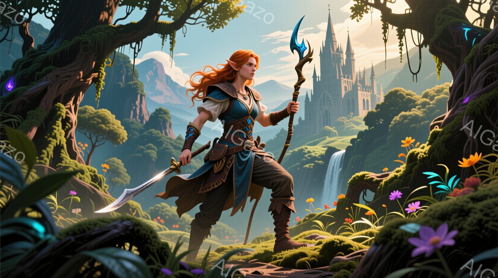 長い赤毛をなびかせ、緑色の服と茶色のズボンを身につけた女性が、剣と杖を手にしている。彼女は険しい山々を背景に、花々が咲き乱れる緑豊かな草原を歩いている。背景には、滝と古城が見え、壮大で幻想的な雰囲気を醸し出している。