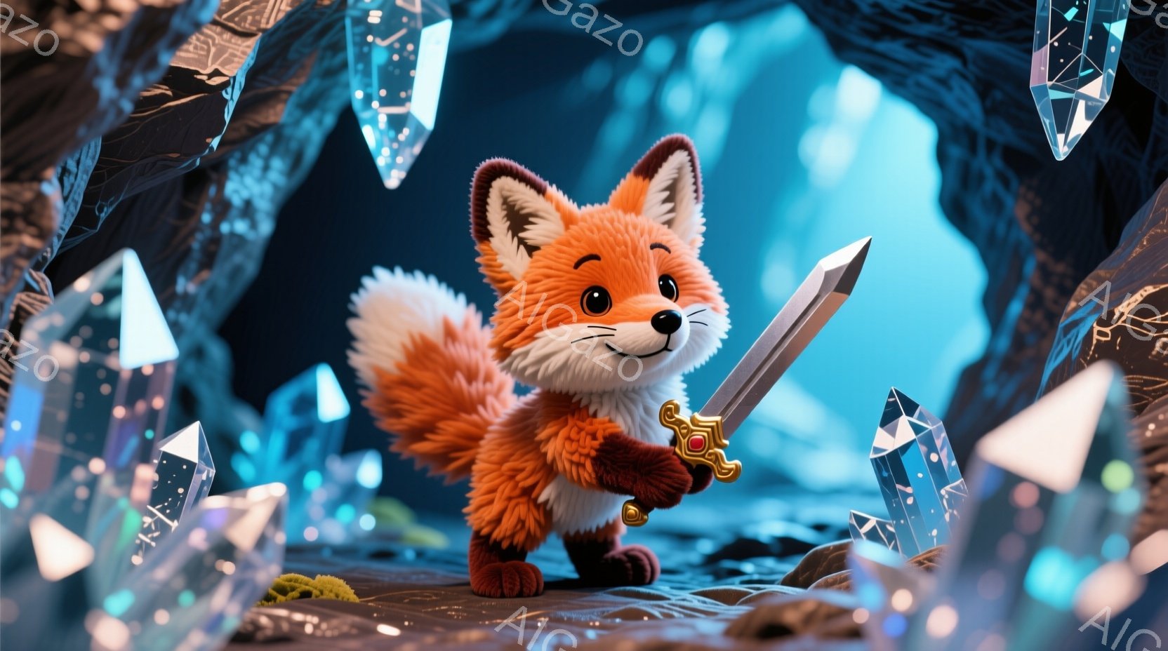 明るいオレンジ色の毛並みをした小さなキツネが、片手に銀色の剣を持って立っています。キツネは自信に満ちた表情で、少し誇らしげな姿勢を見せています。背景は青い光に照らされた洞窟で、様々な大きさの結晶が浮かび、幻想的な雰囲気を醸し出しています。