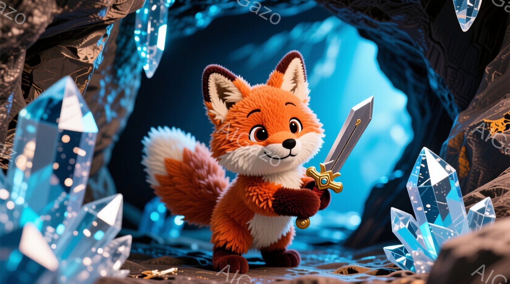 オレンジ色の毛並みを持つ小さなキツネが、金色の柄と銀色の刃を持つ剣を構えて立っています。背景には青白いクリスタルが多数生え、洞窟のような暗く神秘的な空間が広がっています。キツネは自信に満ちた表情で、冒険心あふれる雰囲気を醸し出しています。