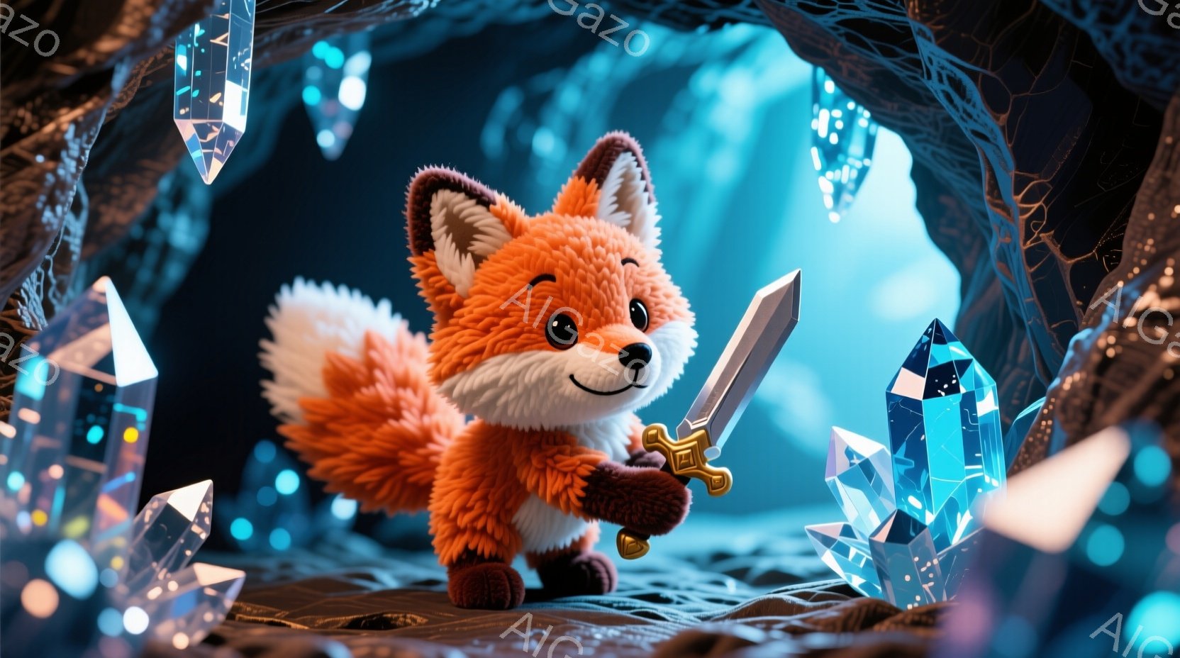 鮮やかなオレンジ色の毛並みを持つ子ギツネが、金色柄の剣を構え、前方に歩み出そうとしています。背景には青白い光を放つ結晶が多数存在し、洞窟のような暗い空間が広がっています。 全体的にファンタジー調で、冒険心と神秘的な雰囲気が漂います。