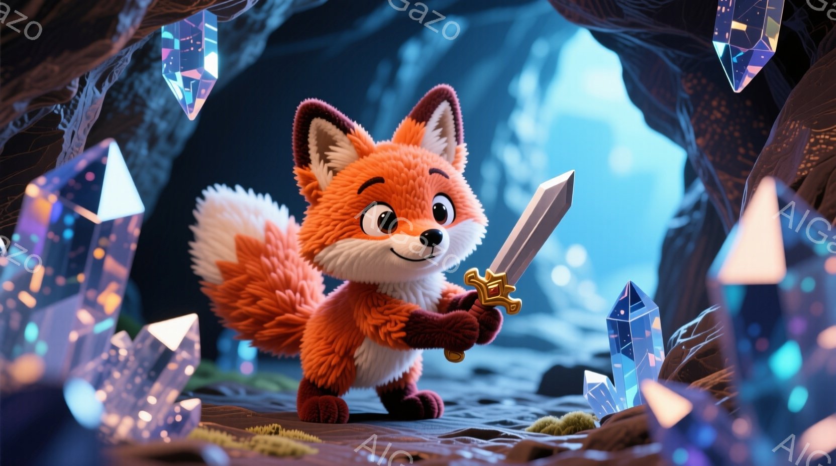 オレンジ色の毛並みを持つ小さなキツネが、岩の上に立って剣を握っています。背景には、青い結晶が浮遊し、暗い洞窟の奥へと続いており、ファンタジー世界の冒険を予感させる雰囲気です。キツネは笑顔で、元気いっぱいの表情をしています。