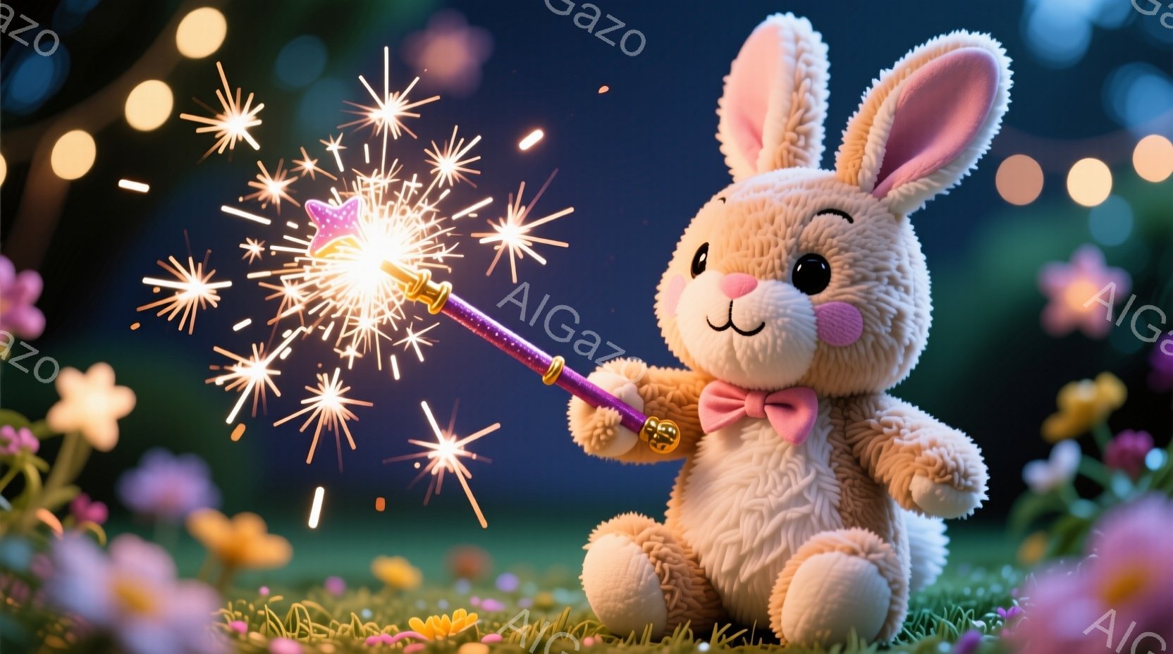 ふわふわのベージュ色のウサギが、紫色の棒に花火のような光の粒子を放っています。ウサギはピンク色のリボンで可愛らしく飾られており、満足げな表情で座っています。背景は緑の草と黄色やピンクの花でいっぱいの牧 - AI生成フリー素材