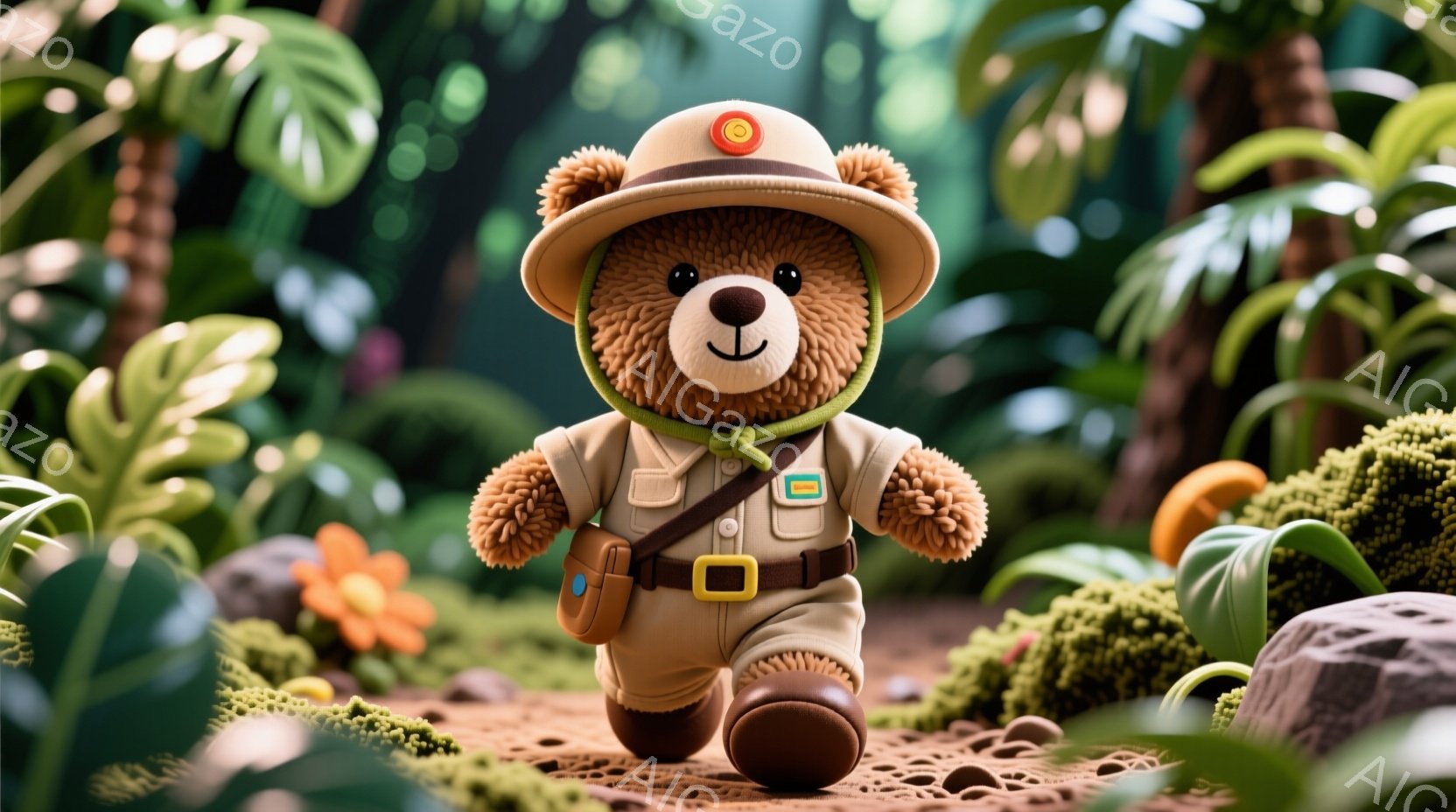 ふわふわの茶色のテディベアが探検家の服装で森の中を歩いています。ベージュ色のシャツとズボン、そして頭には探検家帽子をかぶり、胸にはエンブレムがついています。背景は緑豊かな植物と岩で覆われた道で、全体的に冒険心と温かさを感じさせる雰囲気です。