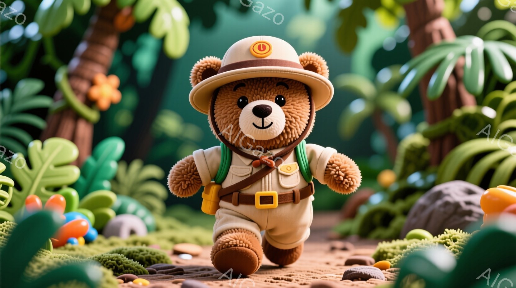 ぬいぐるみのようなクマが、探検家風の服装で小道を歩いています。ベージュ色のシャツとズボンに、茶色の帽子とサスペンダーを身に着け、表情は明るく元気です。背景には、緑豊かな植物やカラフルなキノコが生い茂り、活気のある自然の雰囲気が漂っています。