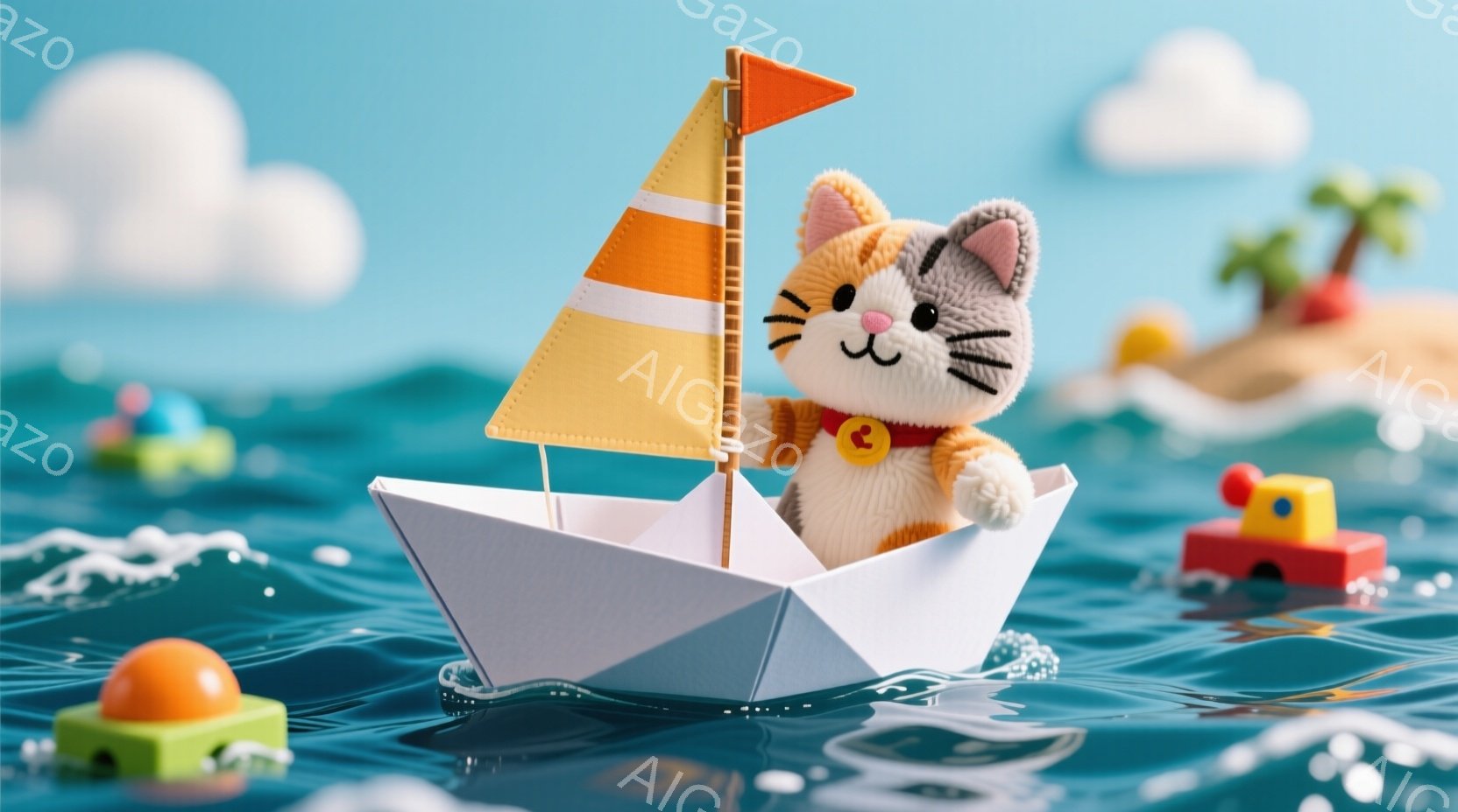 白い折り紙のボートに乗った、ふわふわの茶トラ猫が描かれています。猫は赤いセーターを着ており、明るい笑顔で前を見つめています。背景には、青い海、小さな島、おもちゃのボートやブロックが浮かび、晴れた空と穏やかな波が夏の楽しい雰囲気を醸し出しています。