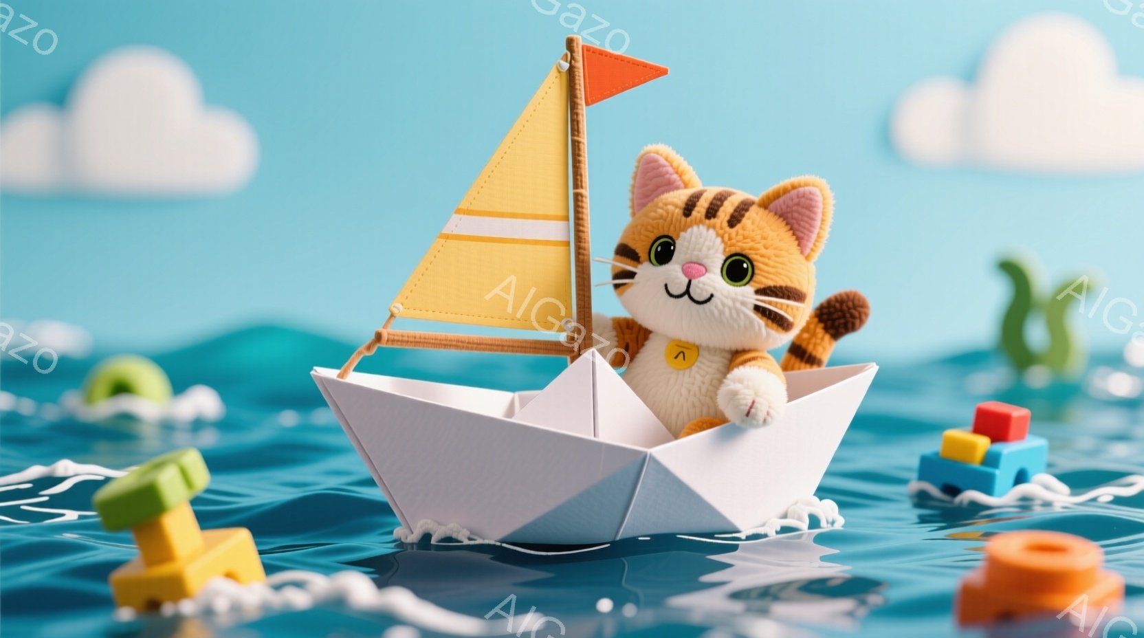 白い紙のボートに乗ったオレンジ色の縞模様の猫のぬいぐるみです。猫は小さな笑顔で前方を向いており、片手を上げています。背景は青い海といくつかのカラフルなブロックのおもちゃと、ぼやけた雲が浮かぶ空です。