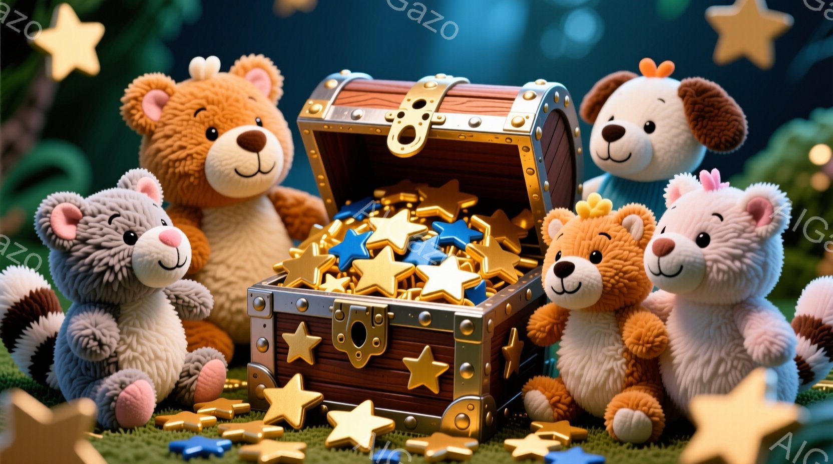 柔らかい毛並みのテディベアたちが、開いた宝箱の周りに集まっている様子が描かれています。宝箱の中には金色の星とコインが満ち溢れ、ベアたちは楽しそうな表情でそれを見つめています。背景は緑の草原と夜空のような暗い青色で、星が散りばめられており、ファンタジックで温かい雰囲気を醸し出しています。