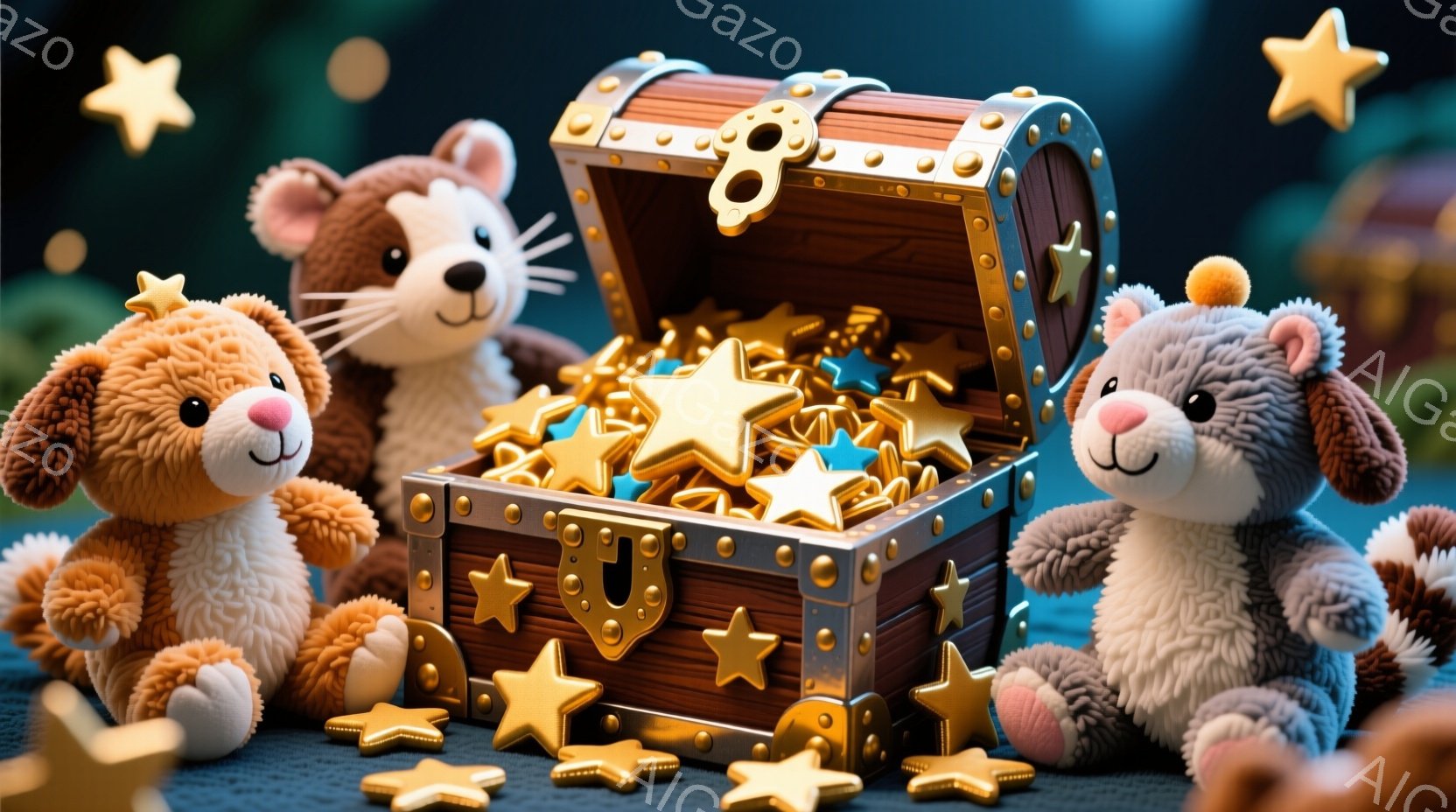 ぬいぐるみたちが宝箱の周りに集まり、中から溢れ出す金色の星型のクッキーを見つめている。背景は暗い青色で、星が散りばめられており、ファンタジーのような雰囲気を作り出している。全体的に暖かく、遊び心のある、かわいらしい光景である。