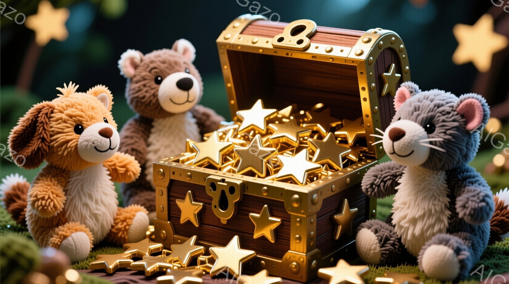 ３匹のふわふわとしたテディベアが、金色の星と宝物が詰まった木製の箱の周りに座っています。それぞれのベアは異なる色と模様を持ち、箱から溢れ出す星を見上げて楽しんでいる様子です。背景は緑の草で覆われており、全体的に温かく、夢のような雰囲気を醸し出しています。