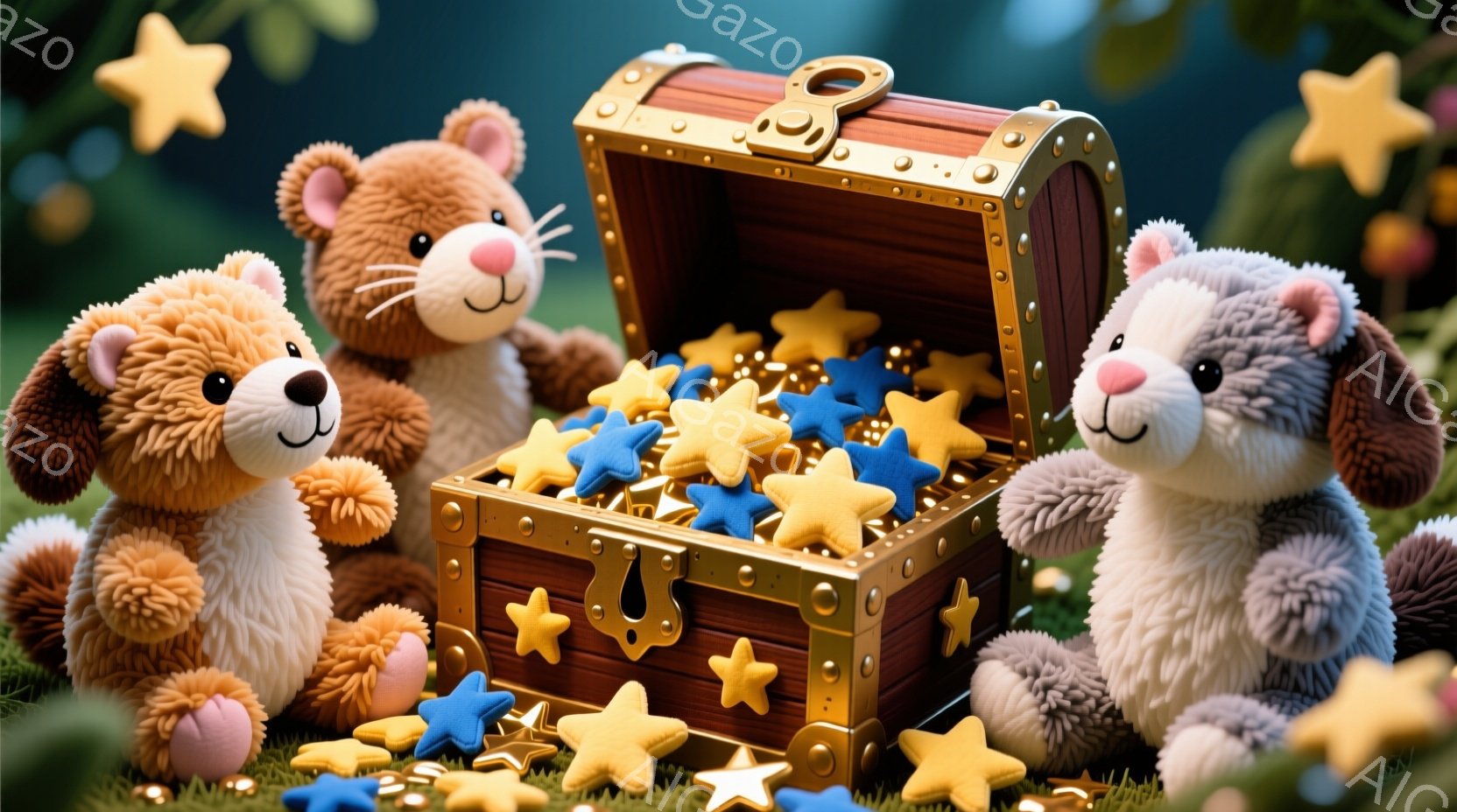 緑の芝生の上に置かれた宝箱と、その周りに集まった３匹のふわふわのテディベアが写っています。宝箱は開いており、中には金色の星と青い星がたくさん入っています。テディベアたちは明るい表情で宝箱を見つめており、まるで宝探しをしているかのような、暖かく楽しい雰囲気が漂っています。