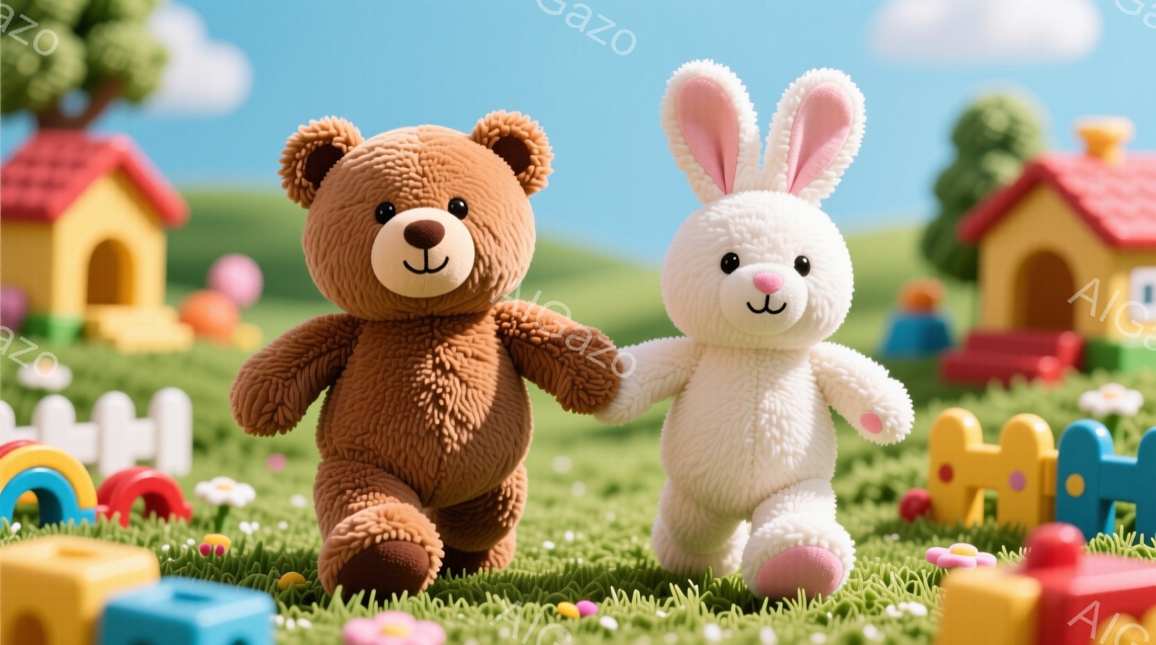 茶色のテディベアと白いウサギのぬいぐるみは、緑の草の上に並んで立っています。背景にはカラフルなブロックや可愛らしい家々が点在し、晴れた空と穏やかな雰囲気が広がっています。二つのぬいぐるみはどちらも優し - AI生成フリー素材