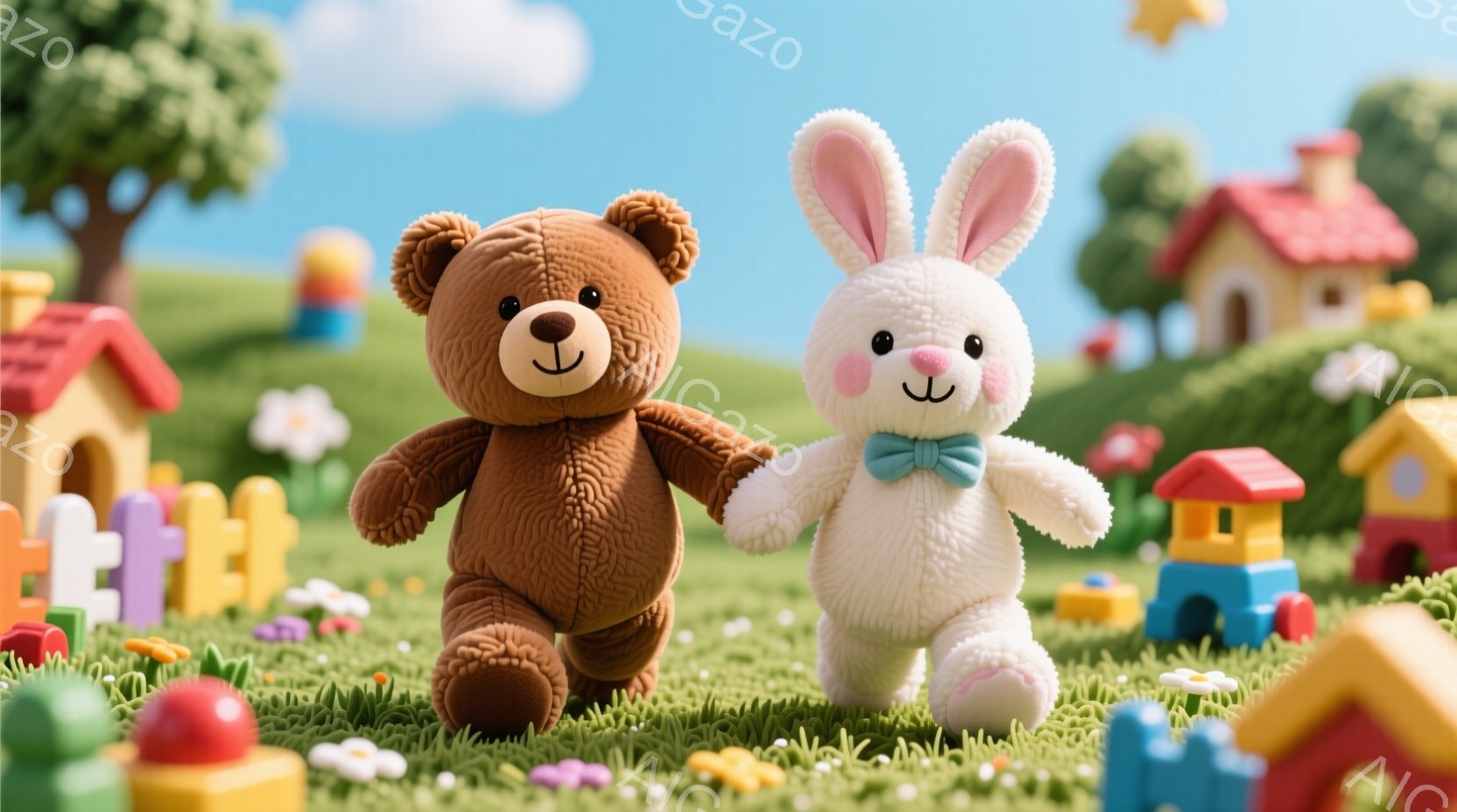 茶色のテディベアと白いウサギが、緑の芝生の上を並んで歩いています。ウサギは水色の蝶ネクタイをつけており、ベアとウサギはどちらも笑顔で、楽しそうな雰囲気です。背景にはカラフルなブロックの建物や花、そして - AI生成フリー素材