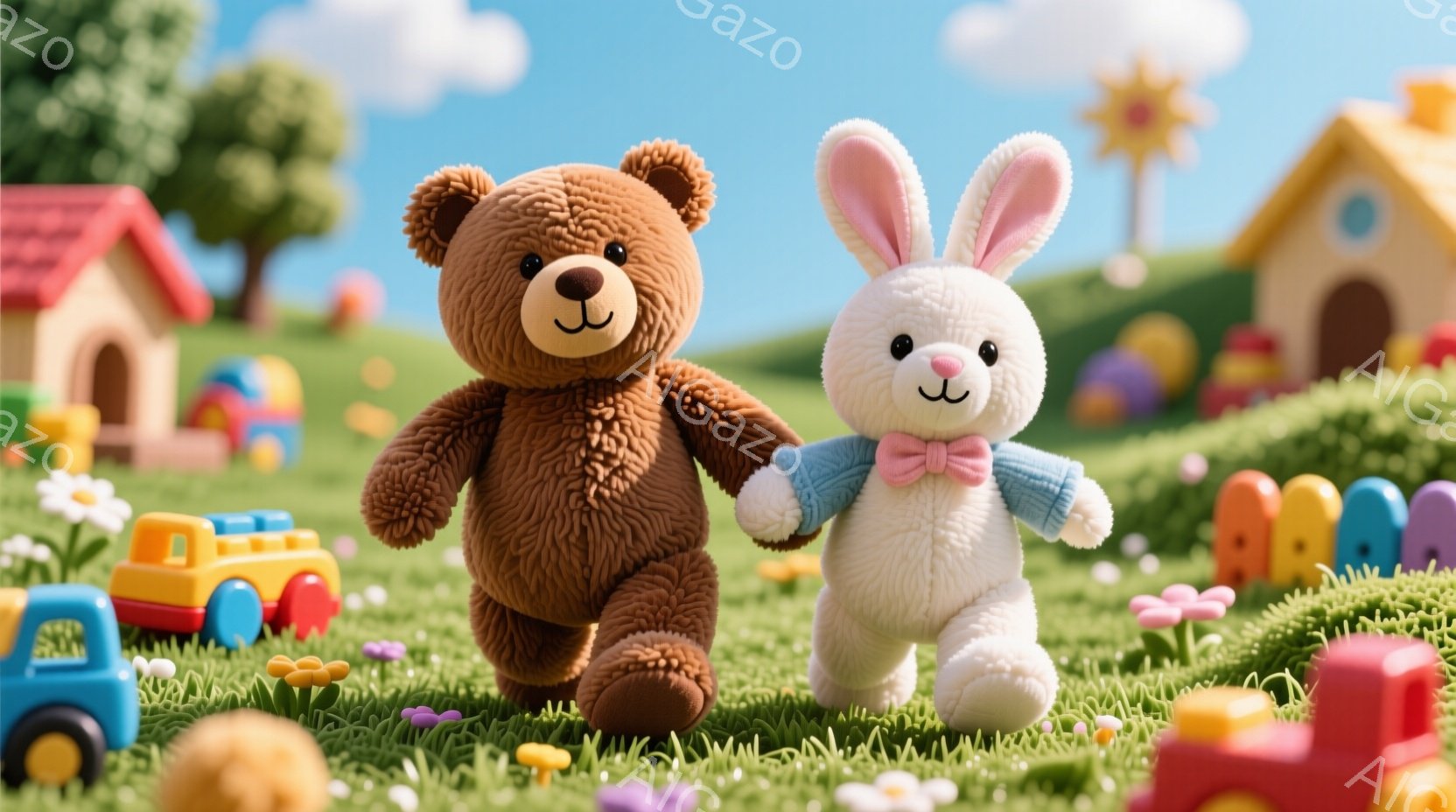 ぬいぐるみのようなクマとウサギが、緑豊かな草原で手をつないで歩いています。クマは茶色で、ウサギは白く、それぞれ優しい表情をしています。背景には、カラフルな家や遊具、青空が広がり、暖かく、遊び心溢れる雰囲気が漂っています。
