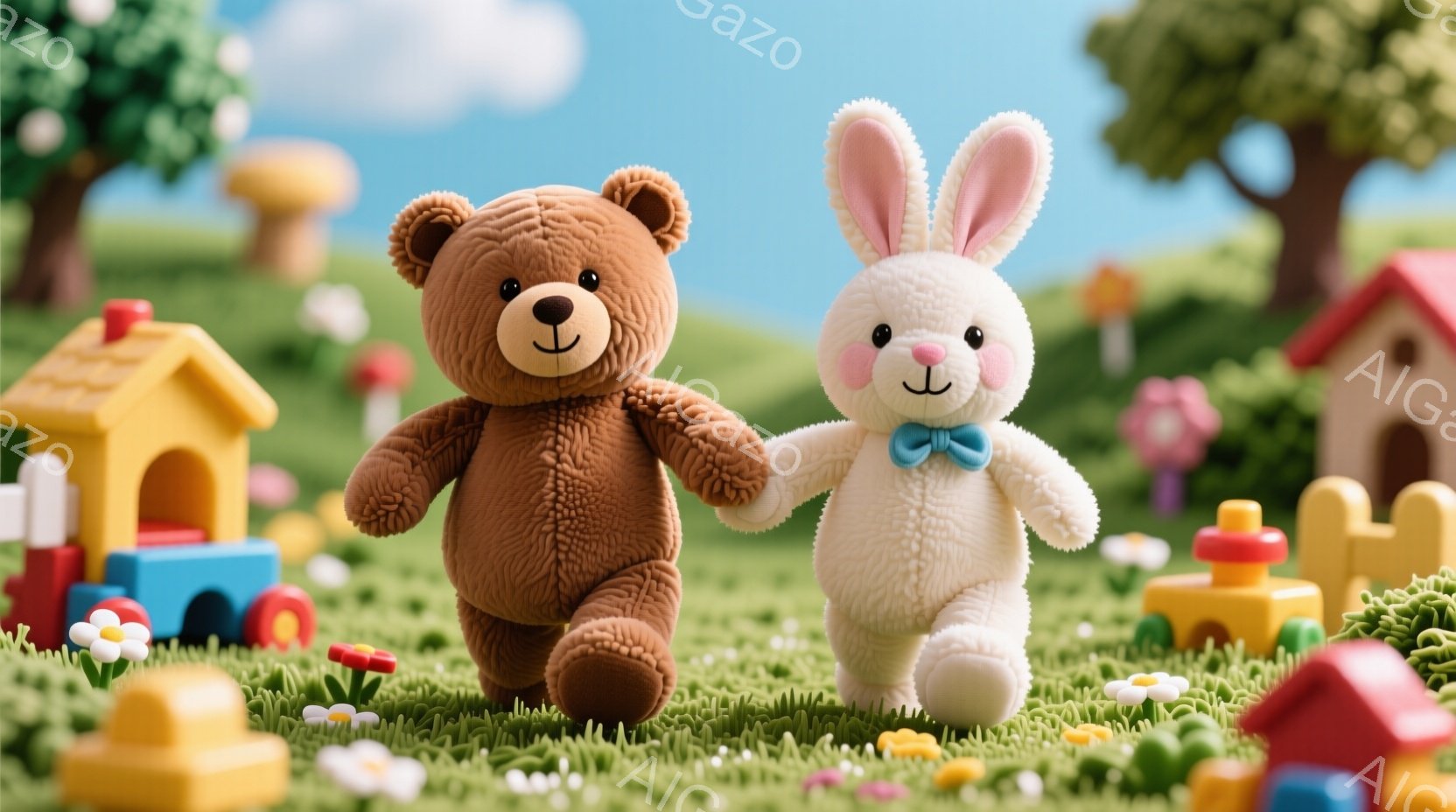 茶色のテディベアと白いウサギが、緑の草の上を並んで歩いています。ウサギは水色のリボンをつけており、テディベアは嬉しそうな表情をしています。背景にはカラフルなブロックのおもちゃや小さな家、そして木々が見 - AI生成フリー素材
