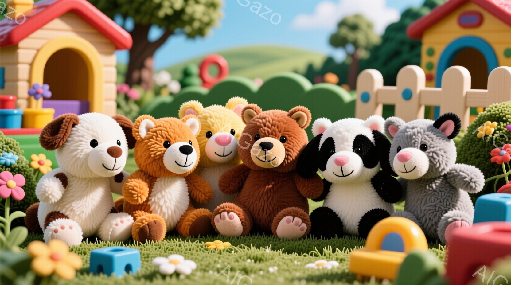 明るい緑の芝生の上に、様々な色のテディベアたちが一列に座っています。背景には、カラフルなプラスチックの遊具や白い柵、そして青空と緑の丘が広がっており、まるで子供の遊び場のような雰囲気です。テディベアた - AI生成フリー素材