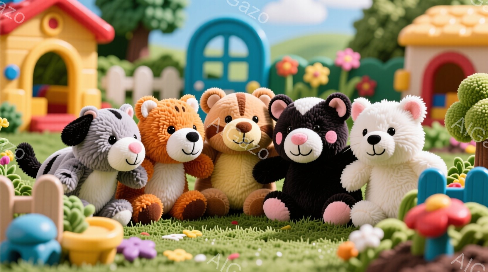 鮮やかな緑の芝生の上に、4匹のかわいいテディベアが並んで座っています。それぞれが異なる色（グレー、オレンジ、茶色、黒、白）で、幸せそうな表情を浮かべています。背景には、カラフルなプラスチック製の家やフェンス、そして花が咲き乱れる庭があり、全体的に明るく楽しい雰囲気を醸し出しています。