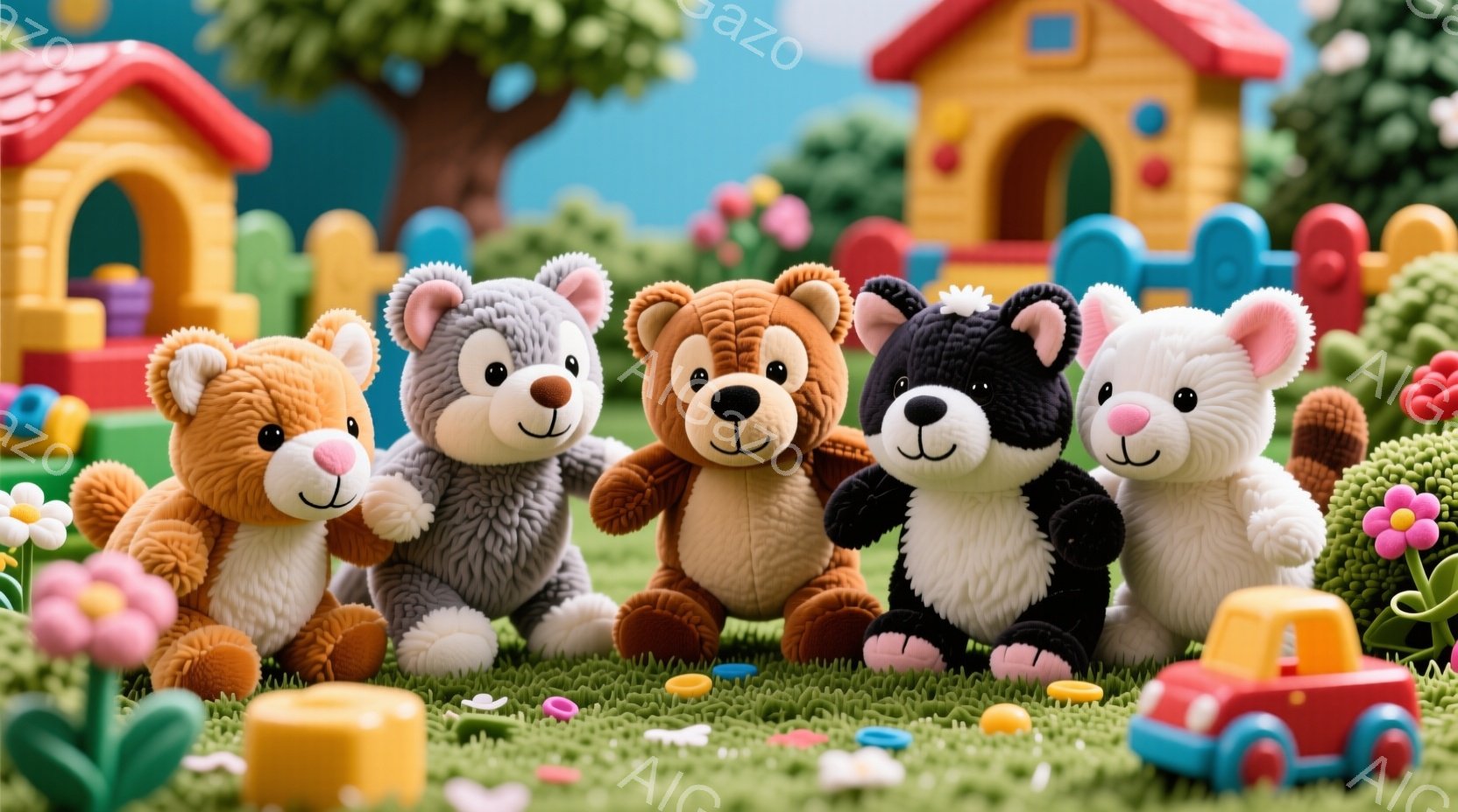 鮮やかな緑の芝生の上に、様々な色の可愛らしいテディベアたちが並んでいます。背景には、カラフルなプラスチック製の家や木々、そしておもちゃの車が点在しており、まるで子供の遊び場のような雰囲気です。全体的に明るく、温かく、楽しいムードが漂っています。