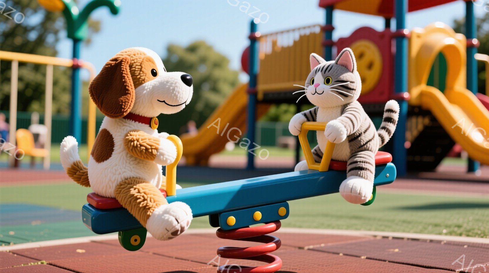 インセットの中で、スピンネーカーを楽しむデュオのパペッター。お互いに微笑み合い、友達らしい感情を表現している。背景は明るく、子供たちの遊び場となるプレイグラウンドが見える。
