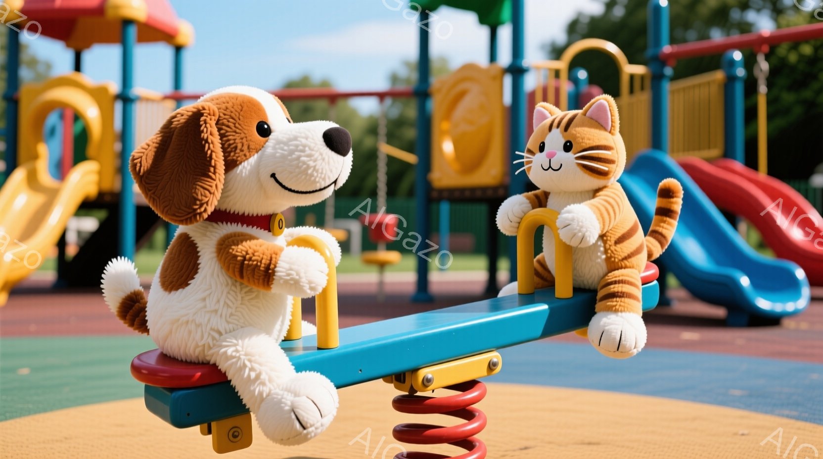 ふわふわの茶色の犬のぬいぐるみとオレンジ色の猫のぬいぐるみが、青いシーソーに乗っています。犬は赤い首輪をつけていて、穏やかな表情で正面を見ています。背景にはカラフルな遊具や青空が広がり、明るく楽しい雰囲気です。
