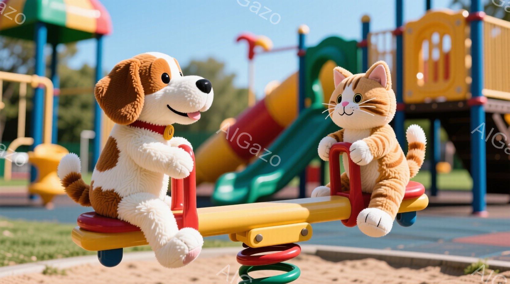 茶色と白の毛並みを持つ犬のぬいぐるみと、オレンジ色の毛並みを持つ猫のぬいぐるみがシーソーに乗っています。二匹とも顔は正面を向き、シーソーの中央でバランスを取っています。背景にはカラフルな遊具と、晴れた - AI生成フリー素材