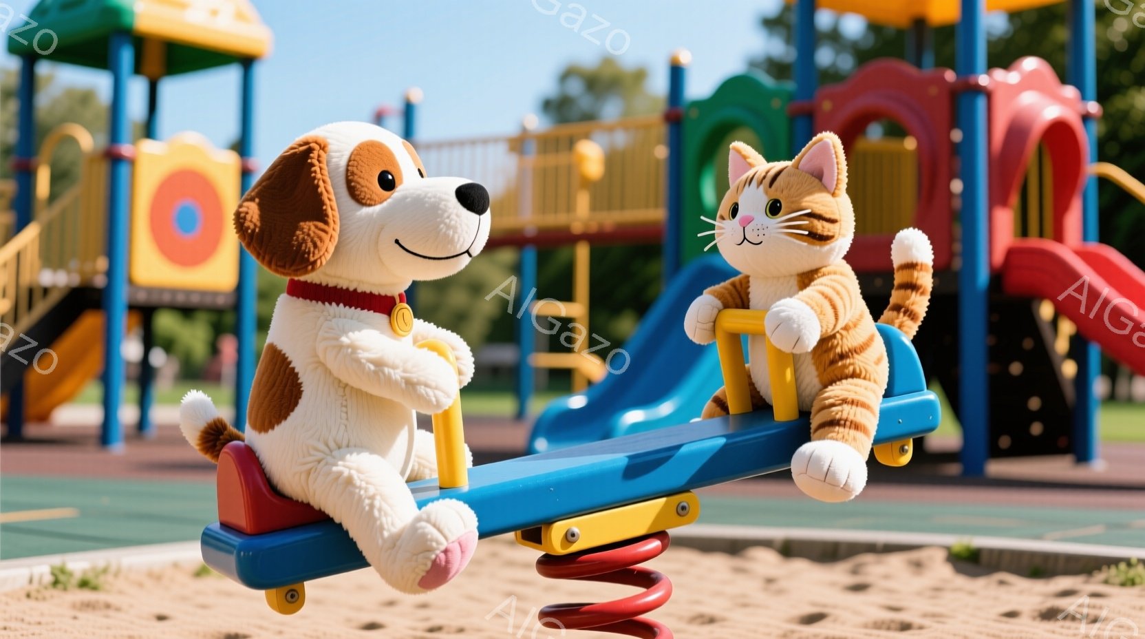 遊園地のシーソーに座っている犬と猫のぬいぐるみがあります。犬は茶色と白の毛並みで赤い首輪をつけており、猫はオレンジ色の毛並みで白い足を持っています。背景にはカラフルな遊具や緑の芝生が見え、晴れた日の穏やかな雰囲気が漂っています。