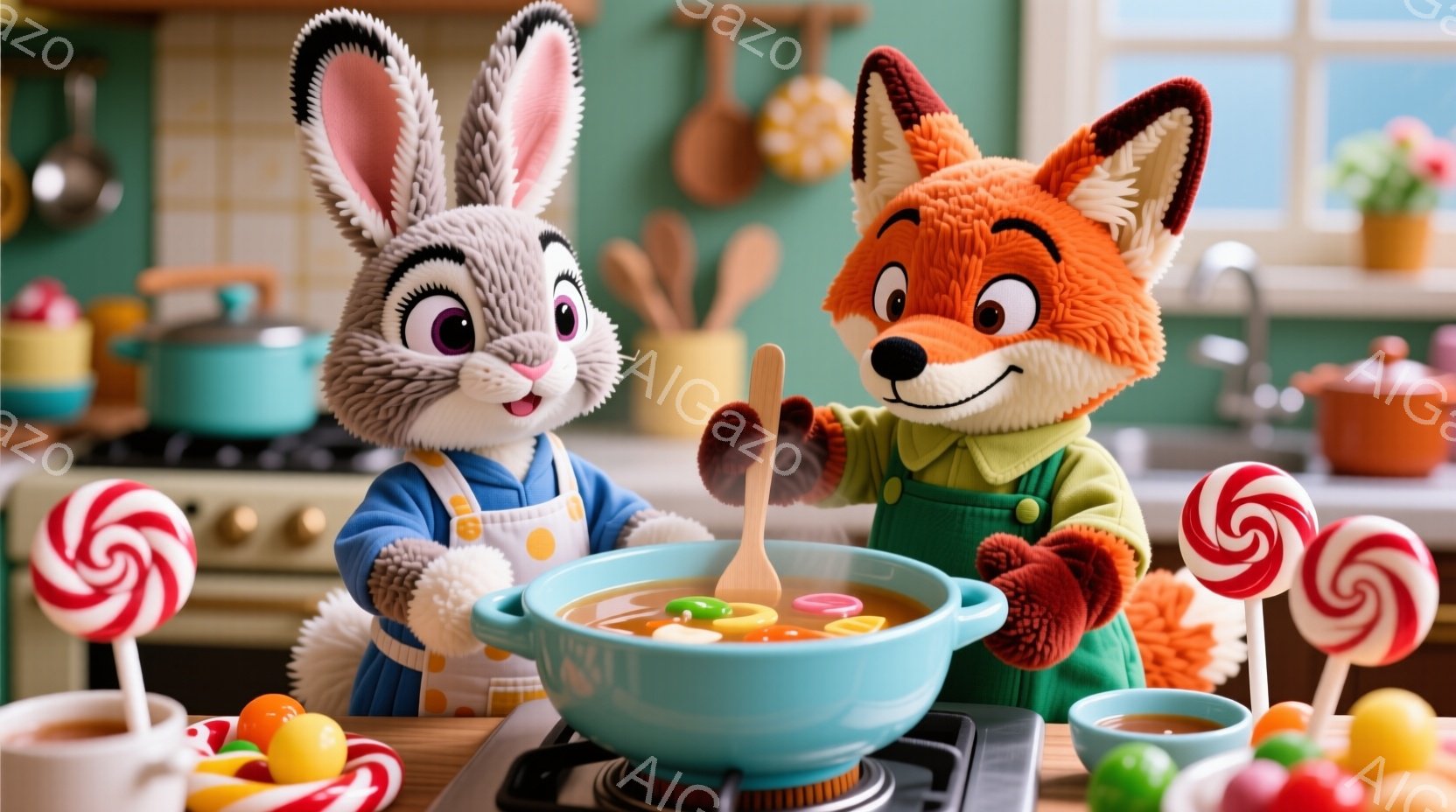 ウサギとキツネがキッチンで料理をしている様子が描かれています。ウサギは青いエプロンをつけ、キツネは緑のエプロンをつけ、大きな青い鍋の中身を木のスプーンで混ぜています。背景には、キャンディやカラフルな卵 - AI生成フリー素材