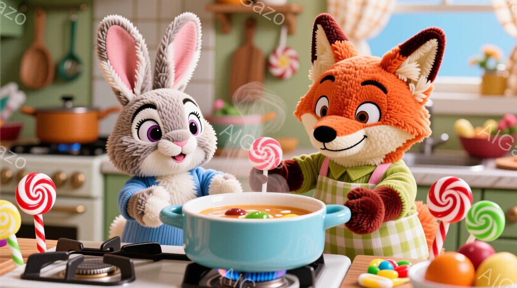 白いウサギとオレンジ色のキツネが、エプロンを着て、キッチンで鍋を囲んでいます。ウサギは左手で鍋の取っ手を、キツネは右手で鍋の取っ手を掴み、鍋の中にはカラフルなキャンディが入ったスープが入っています。背 - AI生成フリー素材