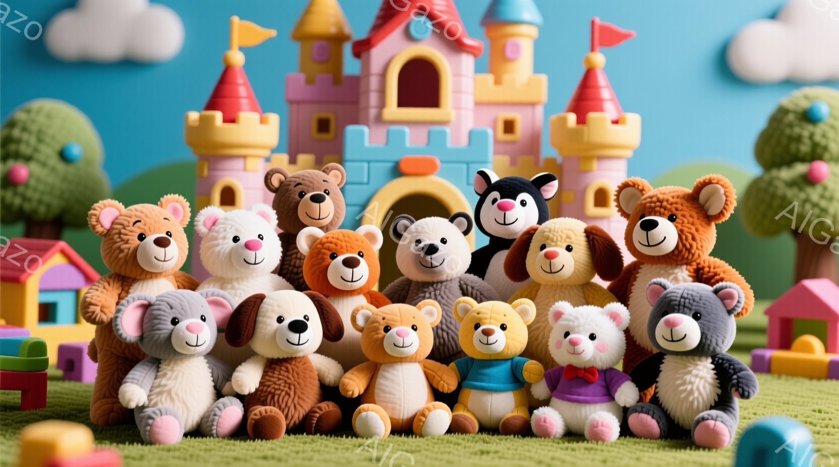カラフルな背景の前で、様々な色のテディベアたちが集まっている。彼らは皆笑顔で、それぞれ異なる服装をしているものがいる（赤いリボンやベストなど）。背景にはお城や木々があり、空には雲が浮かんでおり、全体的 - AI生成フリー素材