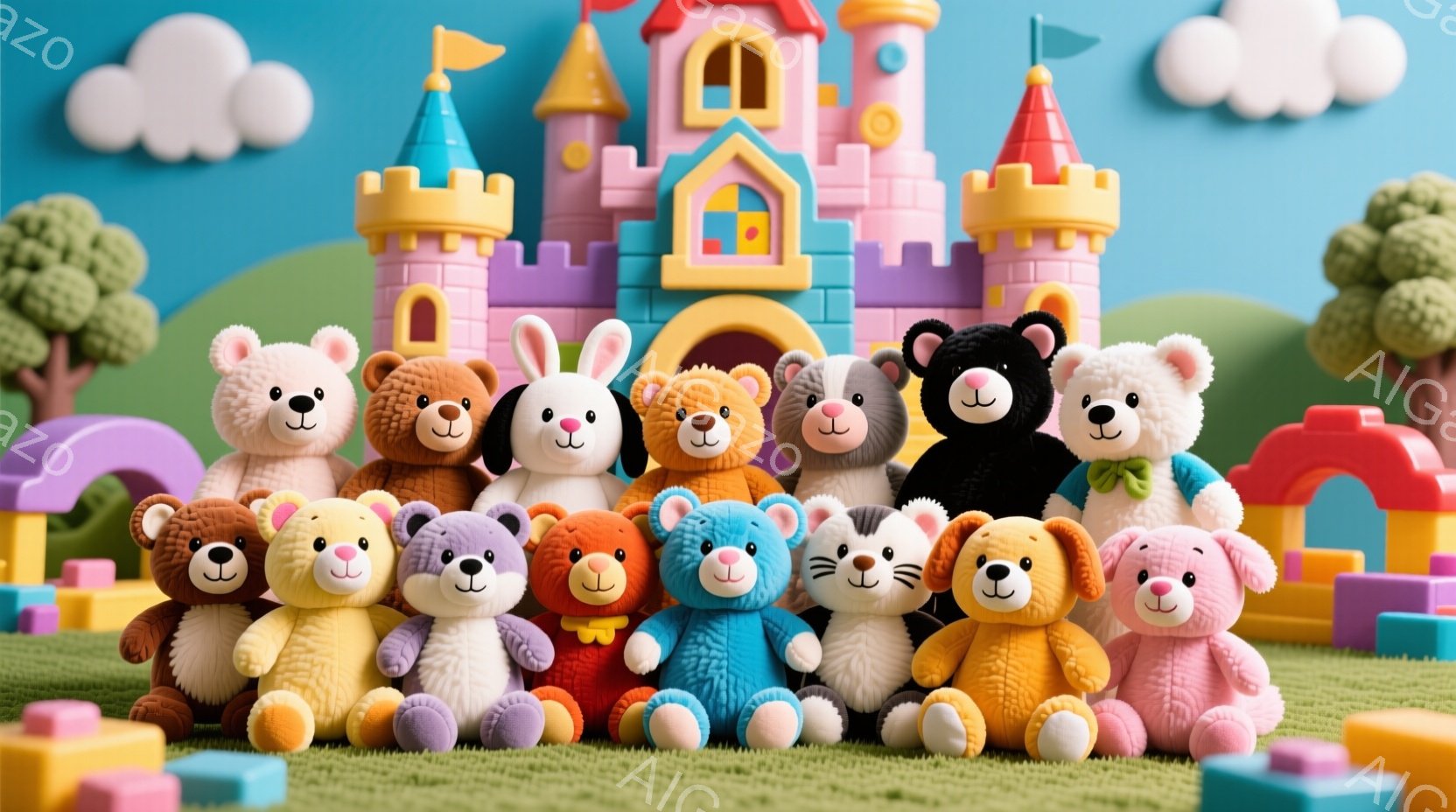 カラフルなテディベアやウサギのぬいぐるみが、緑の芝生の上に整列して座っています。背景には、パステルカラーの城と、丸い形をした木々、そして青い空に浮かぶ白い雲が見えます。全体的に、明るく、遊び心にあふれた、子供向けの可愛らしい雰囲気です。
