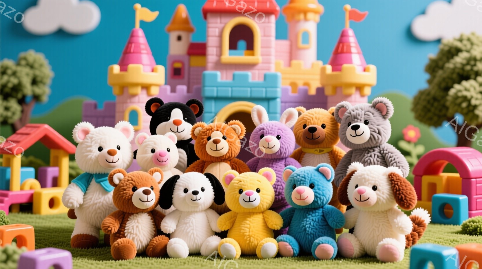 色とりどりのテディベアと犬のぬいぐるみたちが、緑の芝生の上に整列して立っています。背景には、明るいピンクと水色のプラスチック製の城やアーチ、そして緑の茂みが描かれ、晴れた空の下、おとぎ話のような世界観が広がっています。ぬいぐるみたちは皆、愛らしい表情で、全体的に温かく、遊び心あふれる雰囲気です。