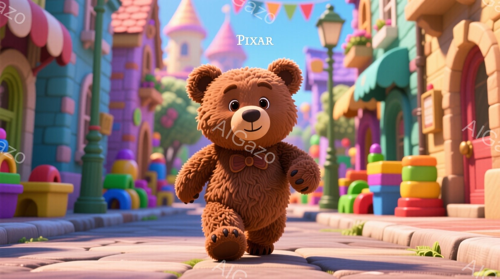 暖かく柔らかな茶色のテディベアが、明るい日差しの中で楽しそうに歩いています。赤い蝶ネクタイが可愛らしく、親しみやすい表情をしています。背景には、カラフルで可愛らしい建物が並び、おもちゃのような世界観が広がっています。