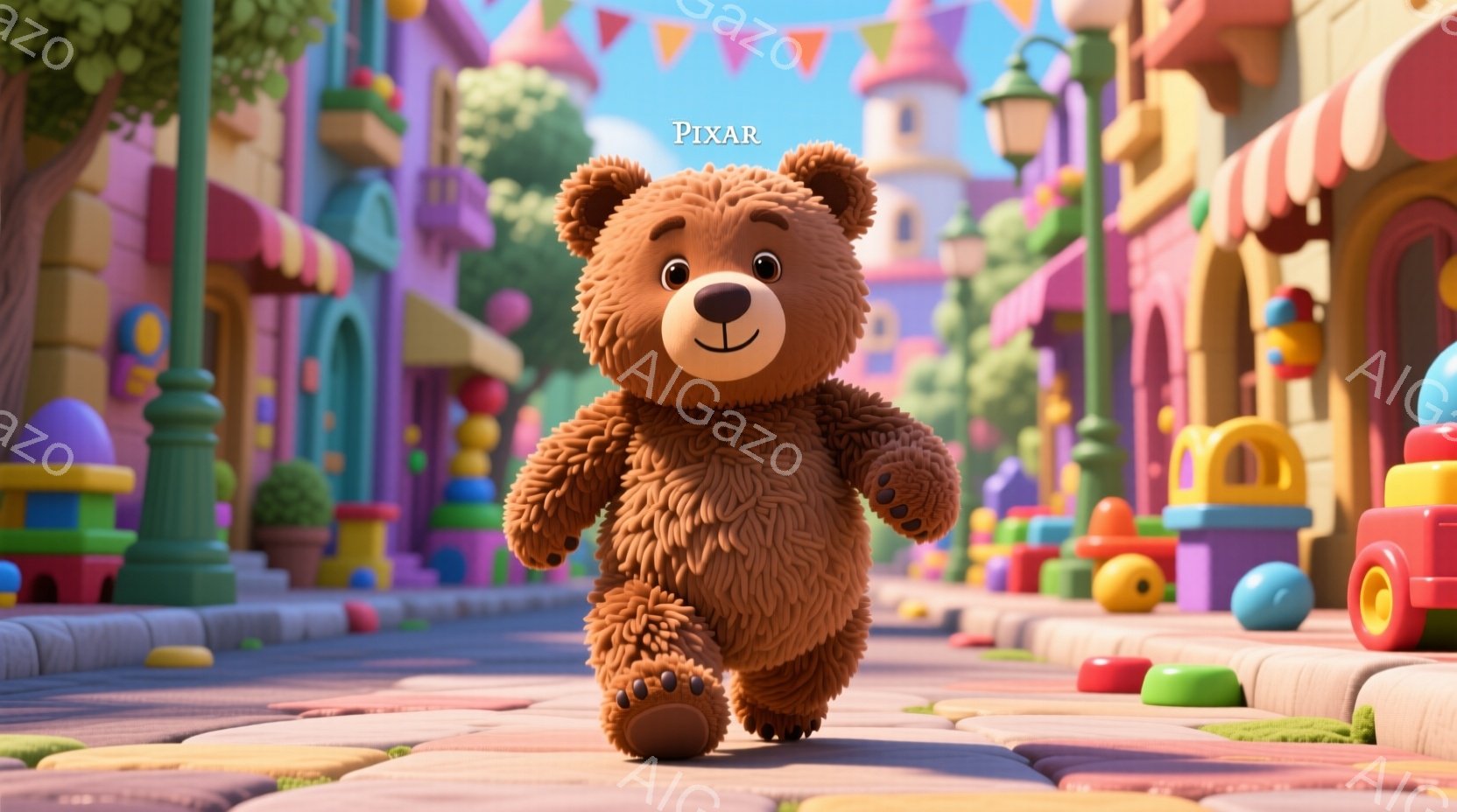 明るい色調の街並みを、茶色のテディベアが歩いている。テディベアは可愛らしい表情で、前方に視線を向け、片足を大きく出して歩いている様子が捉えられている。背景には、パステルカラーの建物や、おもちゃのようなカラフルなブロックが並び、夢のような雰囲気を醸し出している。