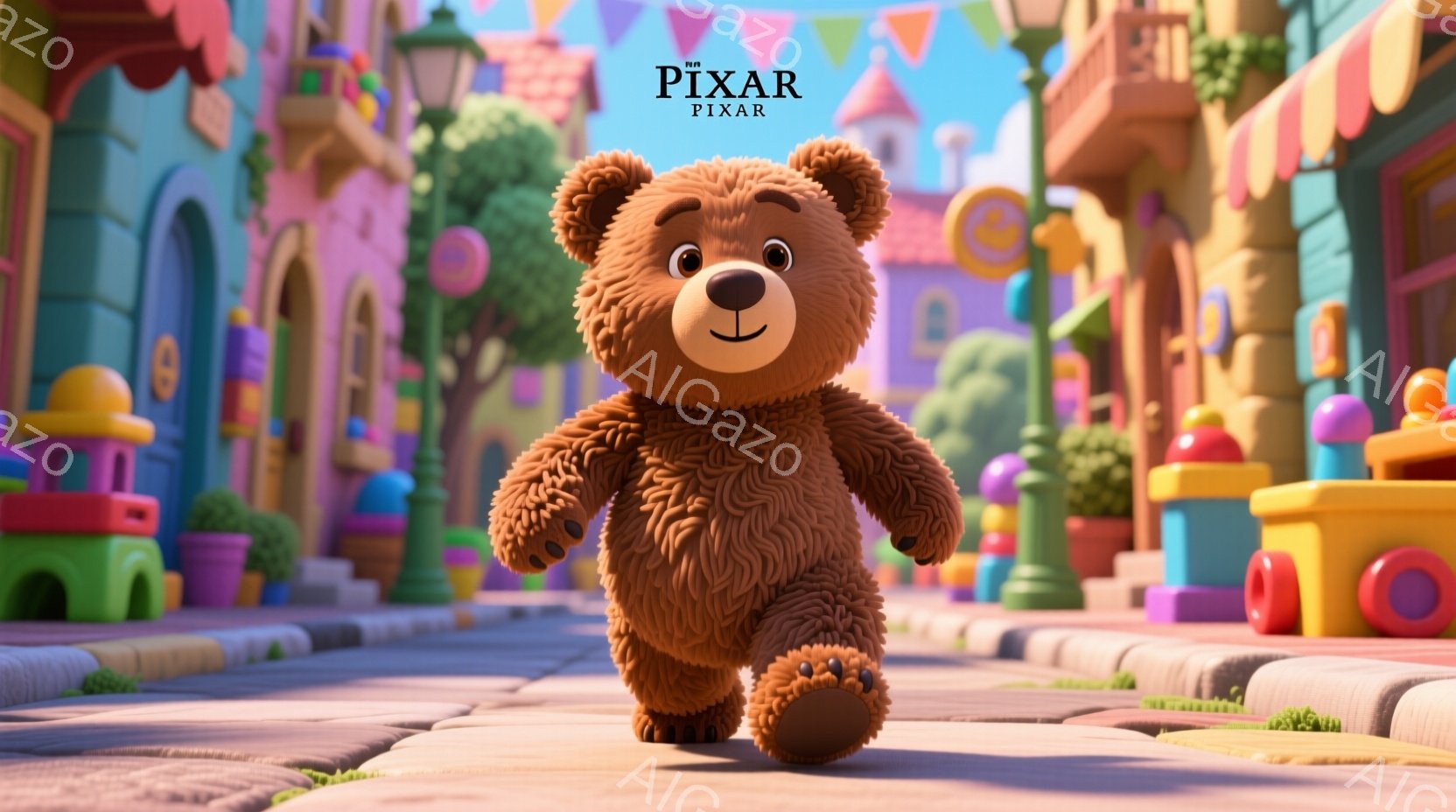 Pixarのキャラクター、ウサギのジョンが町を歩きながら壮然と進み、街並みの色鮮やかさが背景で、晴れた日。