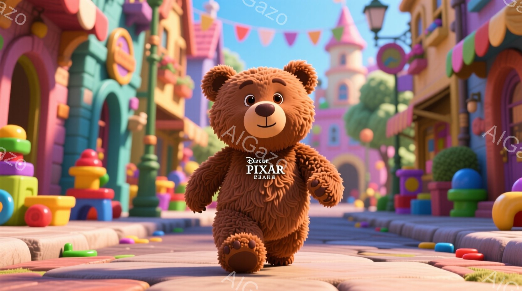 巨大なテディベアが石畳の通りを堂々と歩いている。背景には、カラフルで奇抜なデザインの建物が立ち並び、まるで絵本の中の街並のようだ。全体的に陽気で夢幻的な雰囲気で、子供向けのファンタジー世界を描いている。