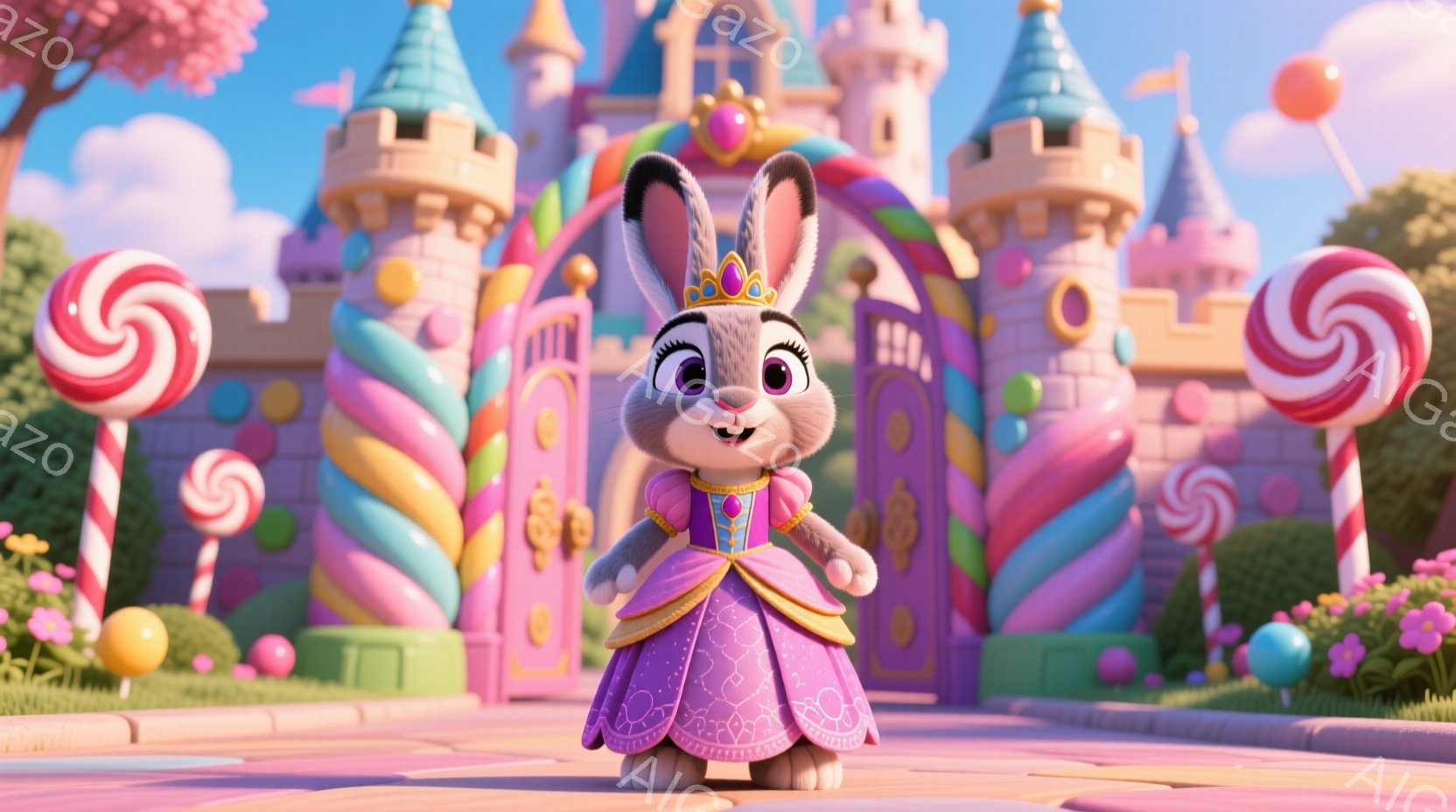 可愛らしい子ウサギが、ピンク色のドレスと金色の王冠を身につけて立っています。ウサギは大きな瞳で微笑み、自信に満ちた表情をしています。背景には、カラフルなキャンディや花々が咲き乱れる、おとぎ話のようなお城がそびえ立ち、夢のような雰囲気を醸し出しています。