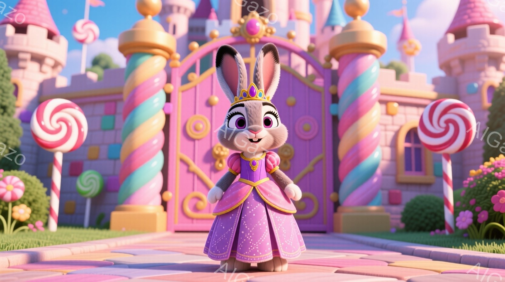 可愛らしいウサギの女の子が、紫色のドレスと金色の王冠を身につけて立っています。彼女は微笑んでおり、ポーズも上品です。背景には、キャンディのようなカラフルな塔や緑豊かな芝生、花々が広がるおとぎ話のような世界が広がっています。