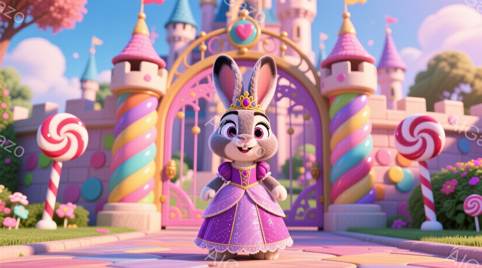 紫色のドレスを着た可愛らしいウサギの女の子が描かれています。彼女は金の王冠をかぶり、大きな瞳で微笑んでいます。背景には、キャンディのようなカラフルなアーチと、おとぎ話のようなお城が広がり、甘くて夢幻的 - AI生成フリー素材