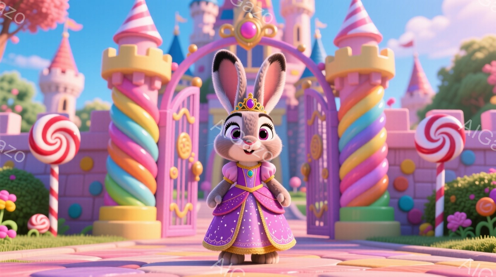 明るいピンク色のドレスと金のティアラをつけた、可愛らしいウサギの女の子が立っています。彼女は自信に満ちた表情で、少し上目遣いをして見つめています。背景にはキャンディのようなカラフルな城や建物、渦巻き状のアメのオブジェが並び、夢のようなお菓子の国を思わせる雰囲気です。